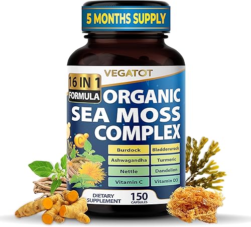 Musgo marino orgánico con vejiga, bardana, ashwagandha y cúrcuma, refuerzo de la inmunidad para un envejecimiento saludable, apoyo de la piel y las