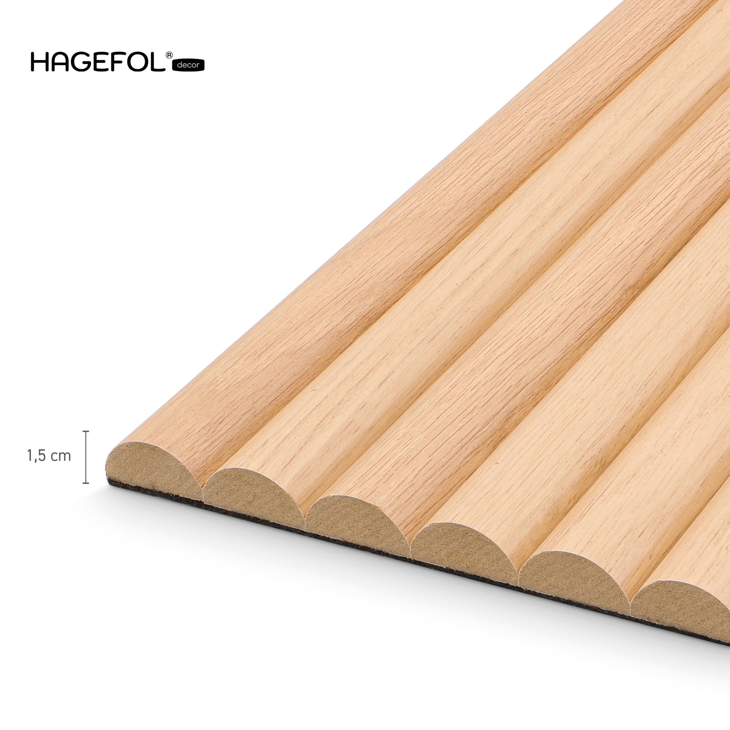 HAGEFOL® CurvedLine panneaux acoustiques en bois 240x60 cm, couleur: chêne, lamelles rondes, panneaux muraux 3D en placage de bois, plaques d'insonorisation (2 pièces á 240x30cm) | lamelles rondes