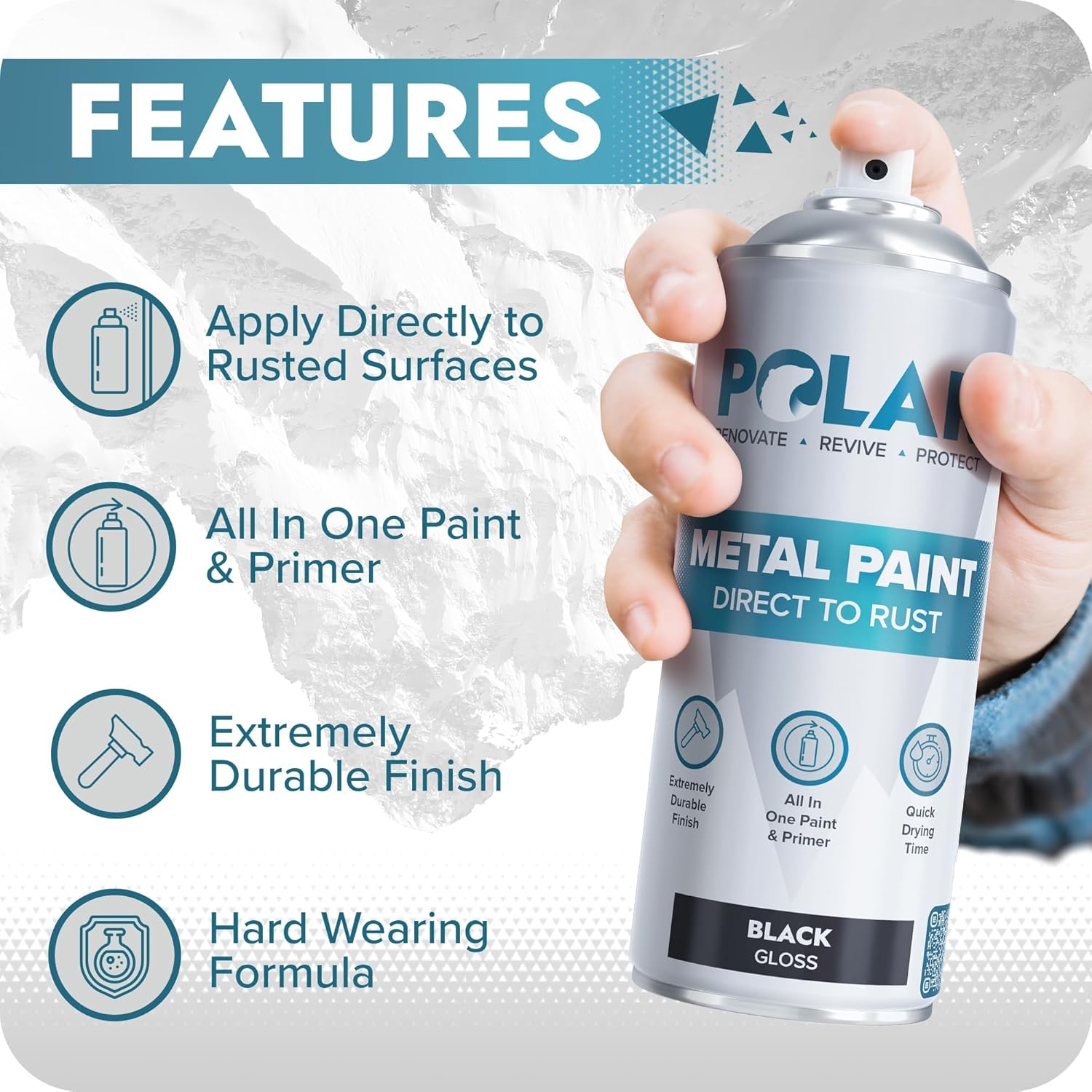 Polar Gloss Black Direct to Rust Spray Paint - 4 x 13.5 Fl Oz - Protect and Stop Rust & Corrosion - Primer, Undercoat, Topcoat - Quick Dry Formula - Ideal for Metal, Wood, Plastic and Ceramic Surfaces