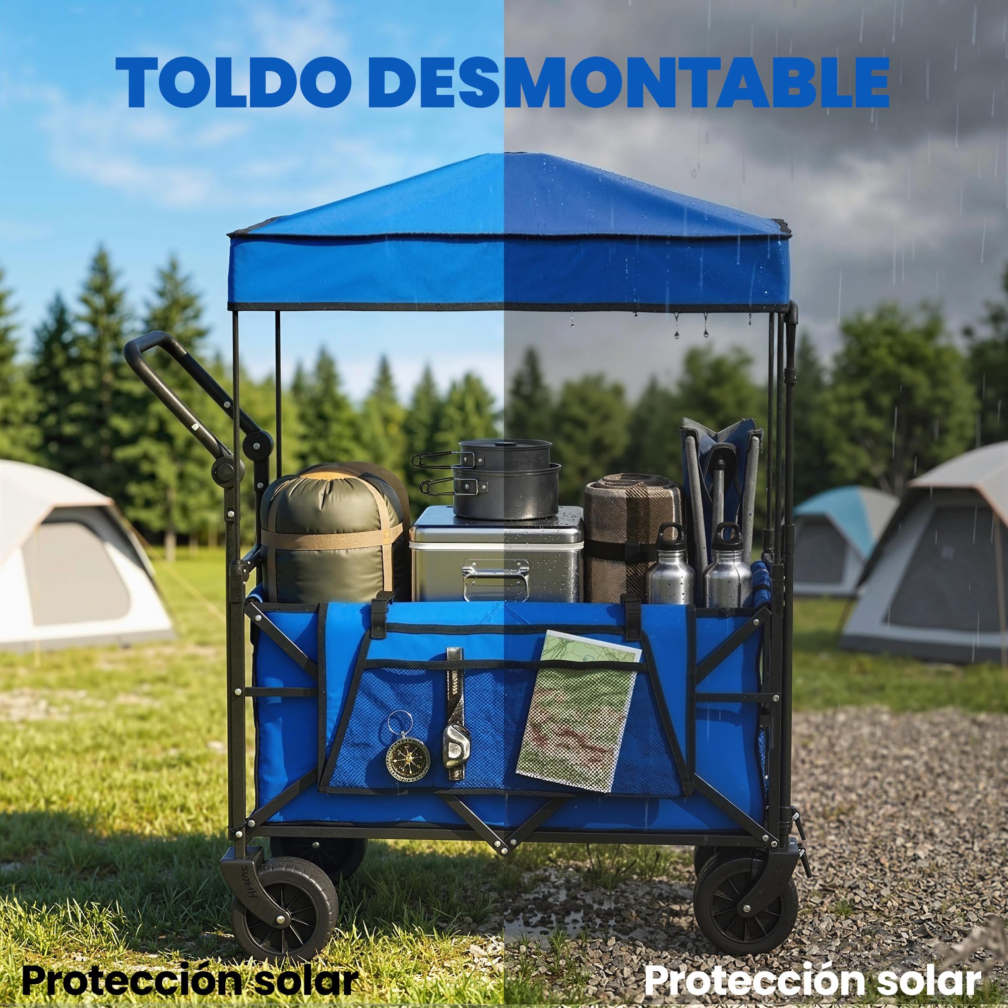Outsunny Carro Playa con Ruedas Grandes con Freno, Techo Extraíble, Carro Plegable para Jardín con Barra Ajustable, Portavasos y Bolsillos, Carga 100 kg, para Todo Terreno, Campaña, Compras, Azul