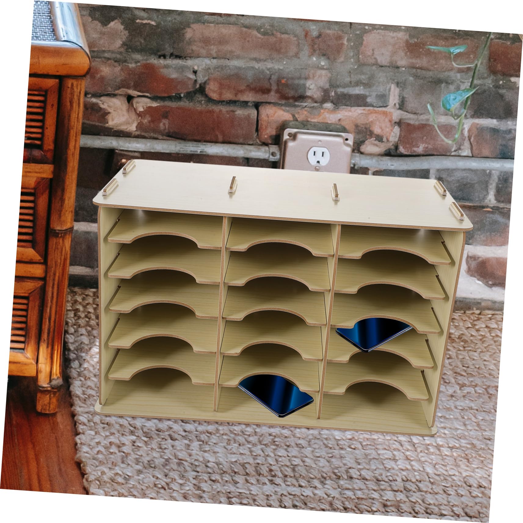 Porta Cellulare Organizer da Tavolo in Legno Scatola Portaoggetti per Telefono Cellulare Contenitore da Scrivania Scomparti Multipli per Aula e Ufficio