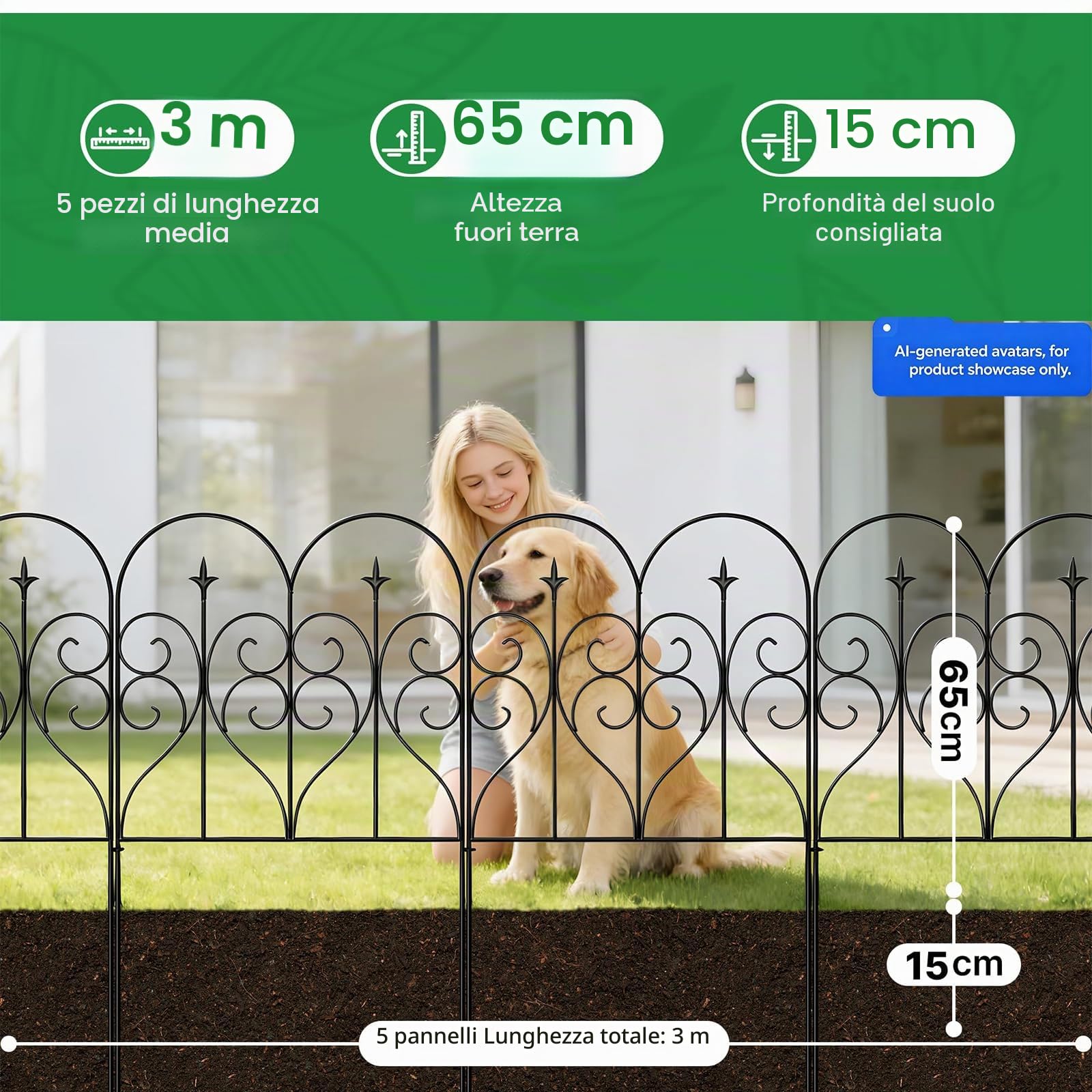 Recinzione Decorativa da Giardino Thealyn, 81 cm x 60 cm, Pannelli in Metallo Antiruggine, Barriera per Cani e Animali, per Cortile e Patio (Negro, 5 Pezzi 3m Totali)