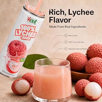 VINUT 100% Lychee Juice with Pulp, No Added Sugar, Not From Concentrate, Gluten Free & Non-GMO Drink, 100% Vegan/Plant-Based, 10.82 fl oz Cans (Pack of 6)