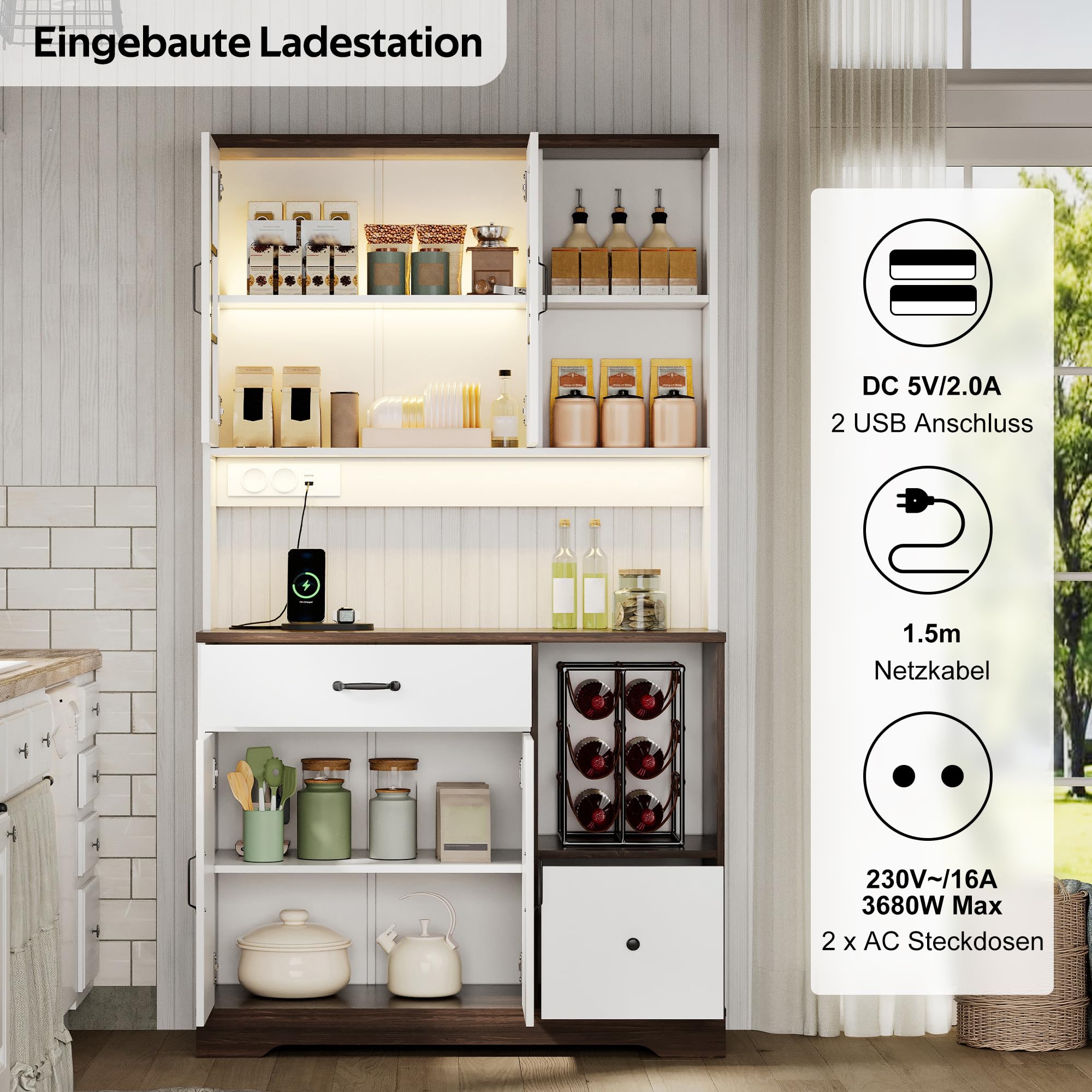 Credenza fienile nero e bianco 185 cm con LED e prese