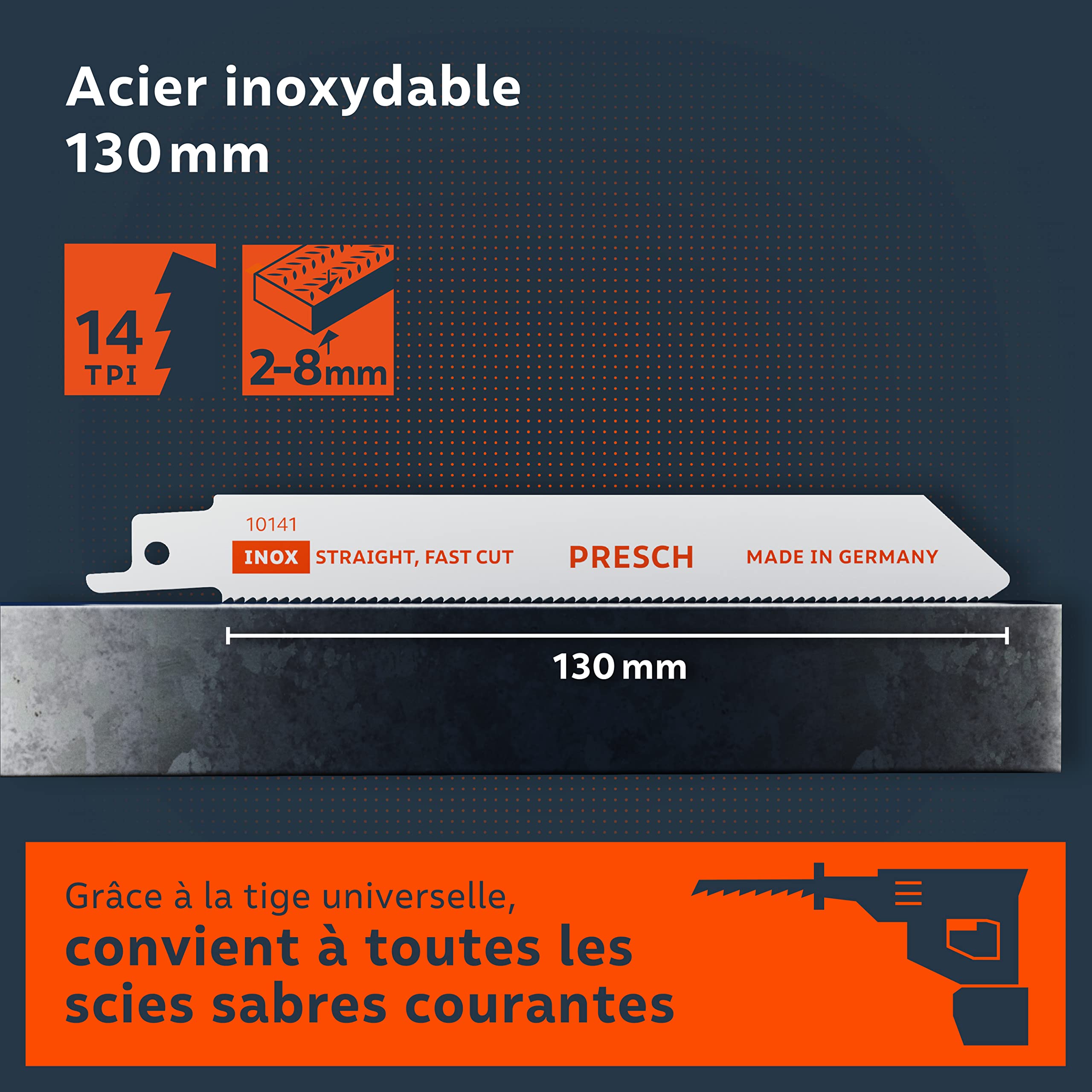 Presch Lames scie sabre pour le métal et l'inox 10 pièces (2-8mm) - Lames au cobalt à 8% pour l'acier inoxydable - Kit de lames de scie électrique avec boîte