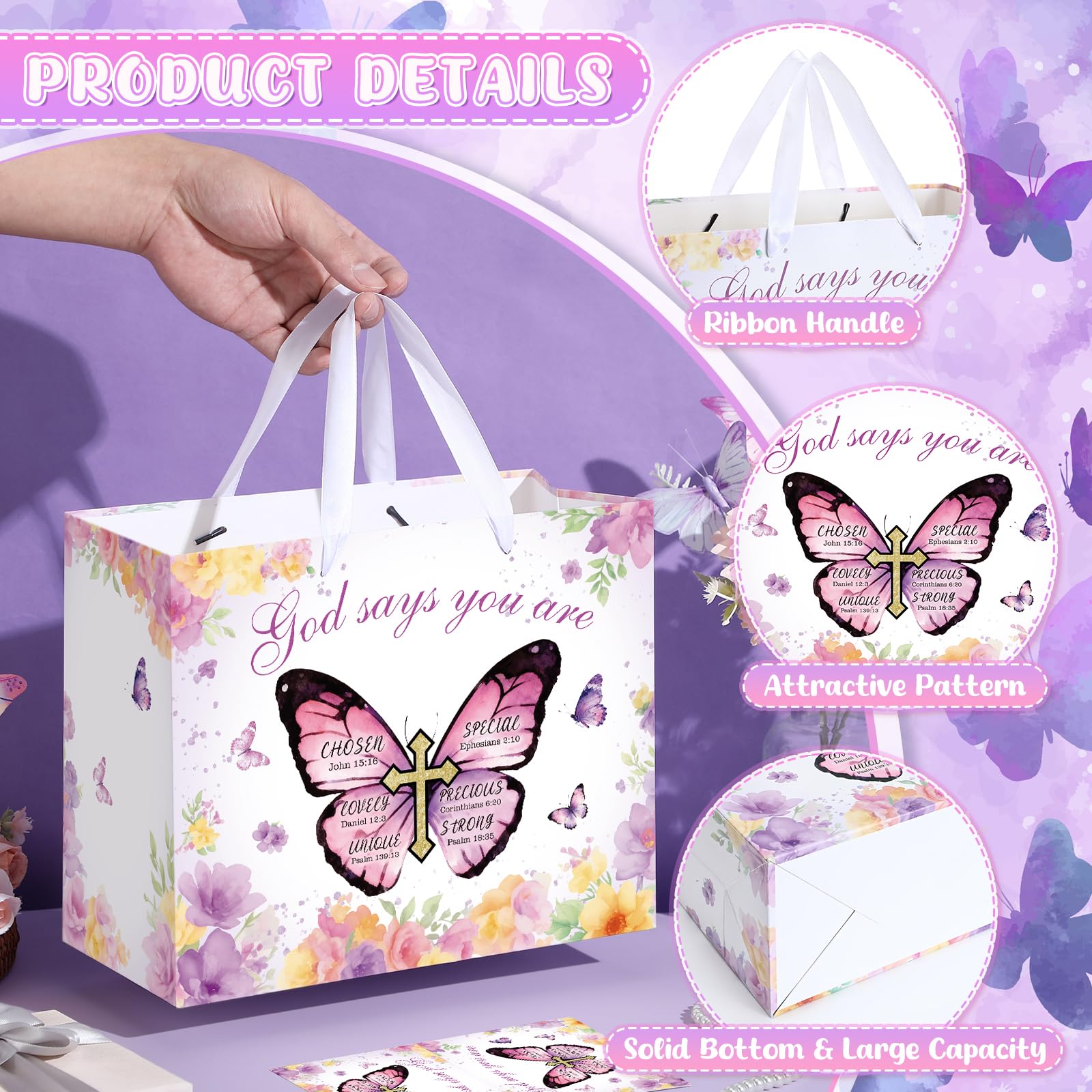 Butterfly Christian Baptism Gift Bag for Girls Women Purple Floral Religious Communion Gift Bags Wrapping Paper Card Flower Butterfly Cross Christening Confirmation Favor Bag Bible Verse Birthday Baby Shower Party Supplies Decor