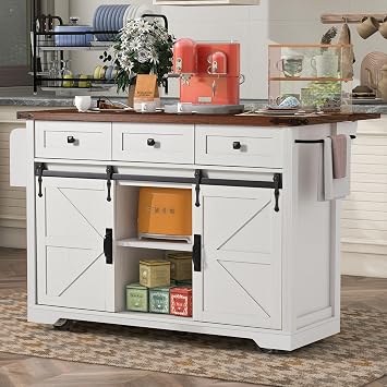 53.8" Farmhouse Kitchen Island with 2 Sliding Barn Door, Storage Island with 3 Drawers, Drop Leaf, Power Outlet & Spice Rack, Rolling Kitchen Cart on Wheels for Home Dining Room White