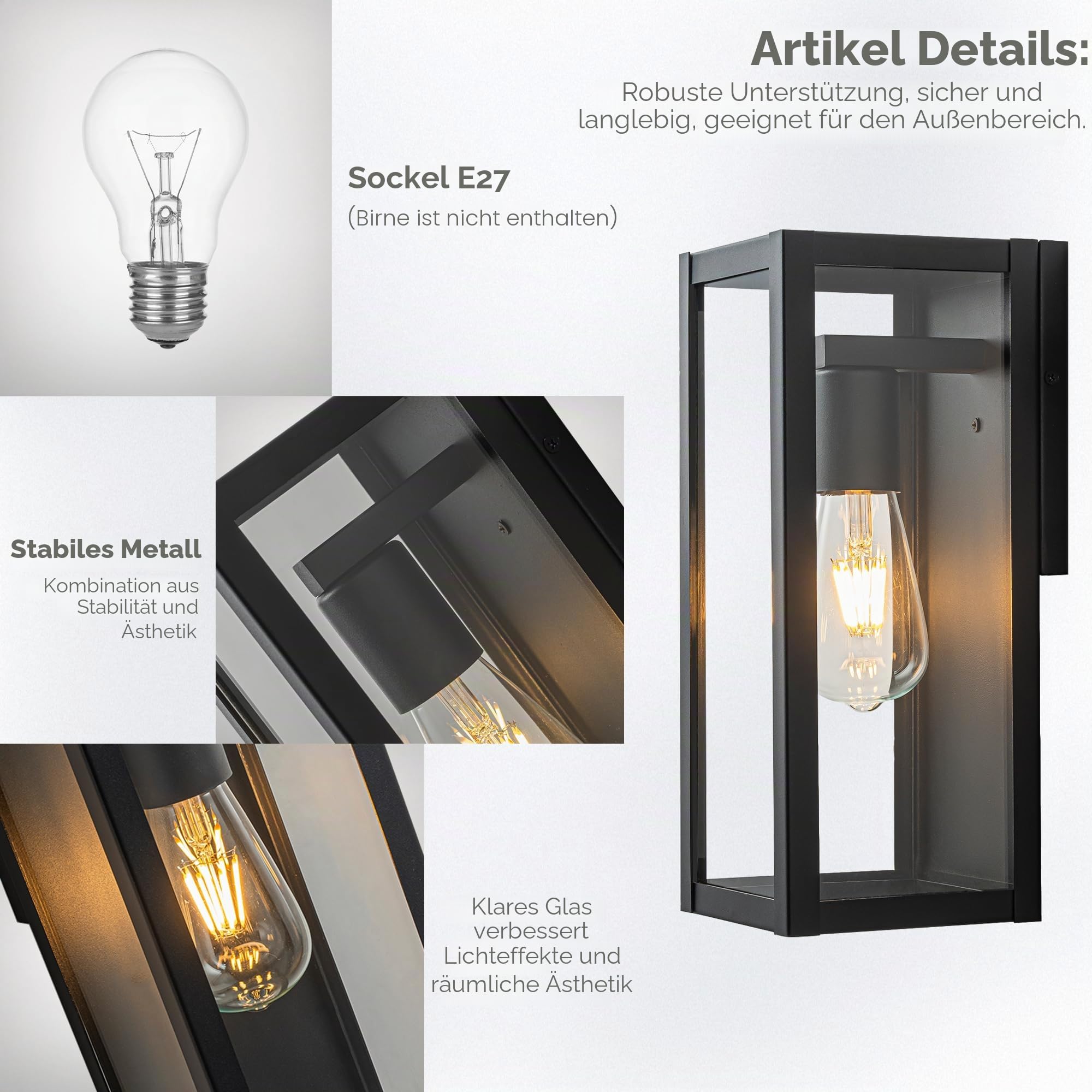 FTL Außen Wandleuchte Zweier-pack, E27 Außenwandleuchte und Klarem Glas, Modern Ausenbeleutung Hauswand, IP44 Wasserdichte Aussenleuchte wandlampe aussen, Schwarz Außenlampe Wand für Veranda, Terrasse