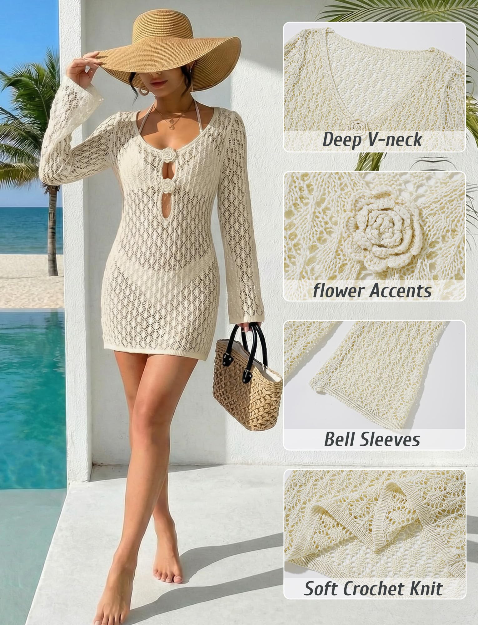 FEOYA Abito da spiaggia da donna lavorato a maglia, bikini copertura Up uncinetto poncho da spiaggia Crochet Mini Dress Pareos Beachwear