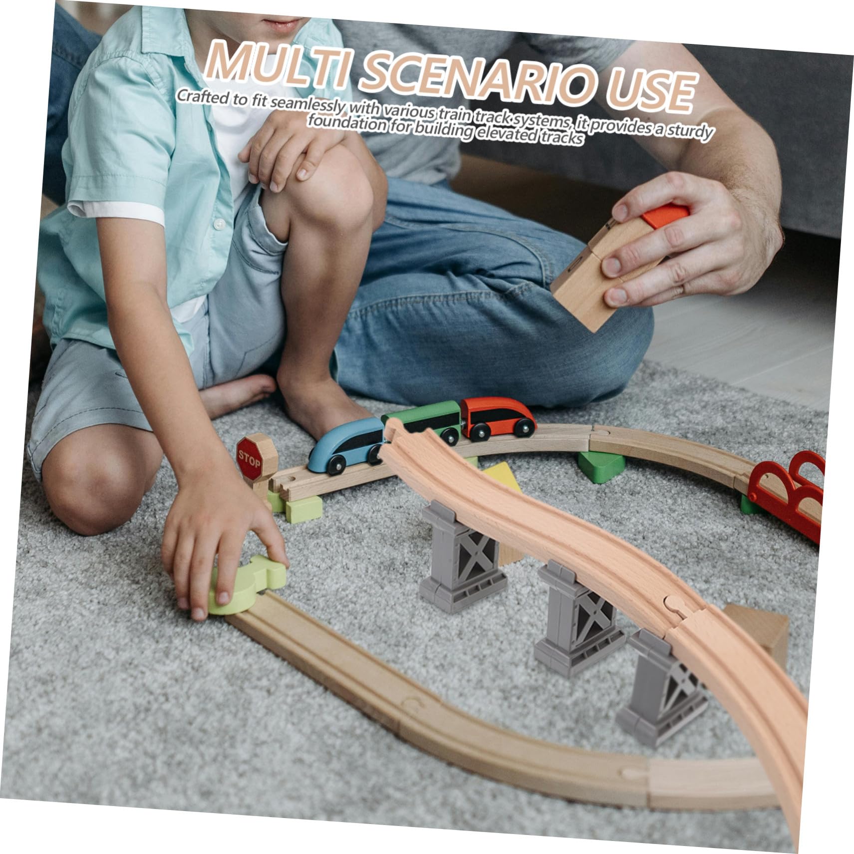 Set Accessori per Treno in Legno con Supporti Ponte in Plastica, Binari Stabili per Giochi per Ragazzo Ragazza e Costruzione Collaborativa del Percorso