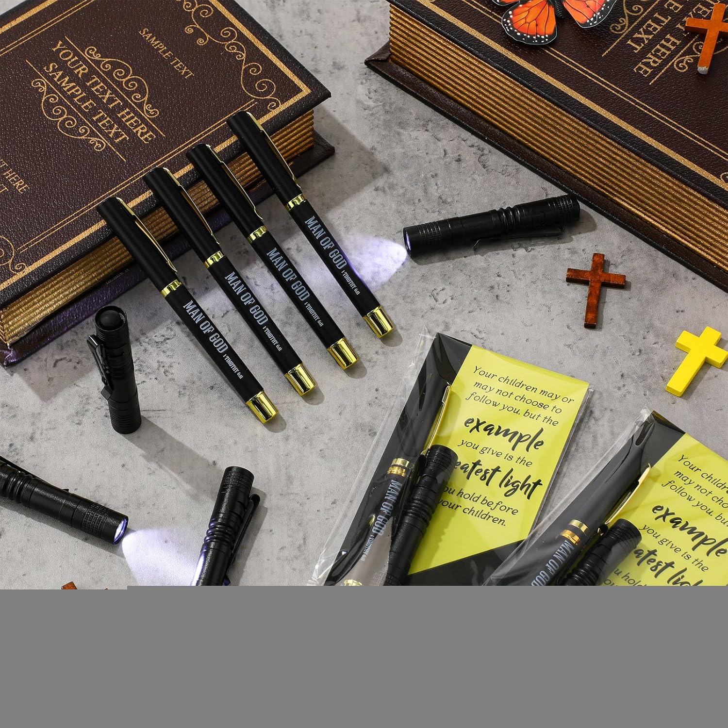 Tujoe 10 Sets Father's Day Man of God Gift for Men Christian Mini Pocket Flashlight Bible Verse Pens with Cards Religious Favors for Church Father Dad Husband Pastors Dad Supplies