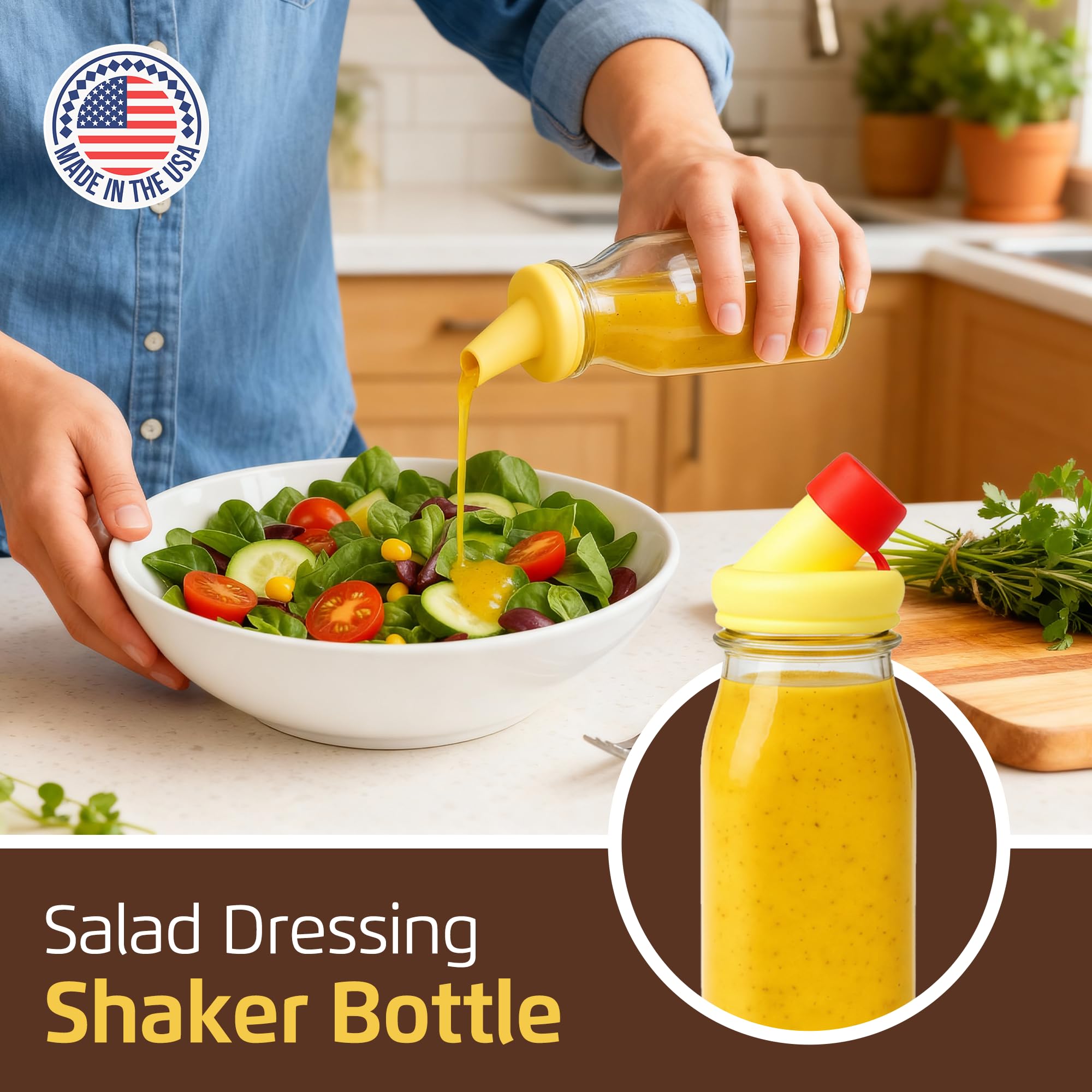 kitchentoolz Salatdressing-Shaker-Flasche – 340 ml Glasflasche mit Silikon-Ausgießer und manipulationssicherer Deckel für Saucen und Marinaden, 4 Stück