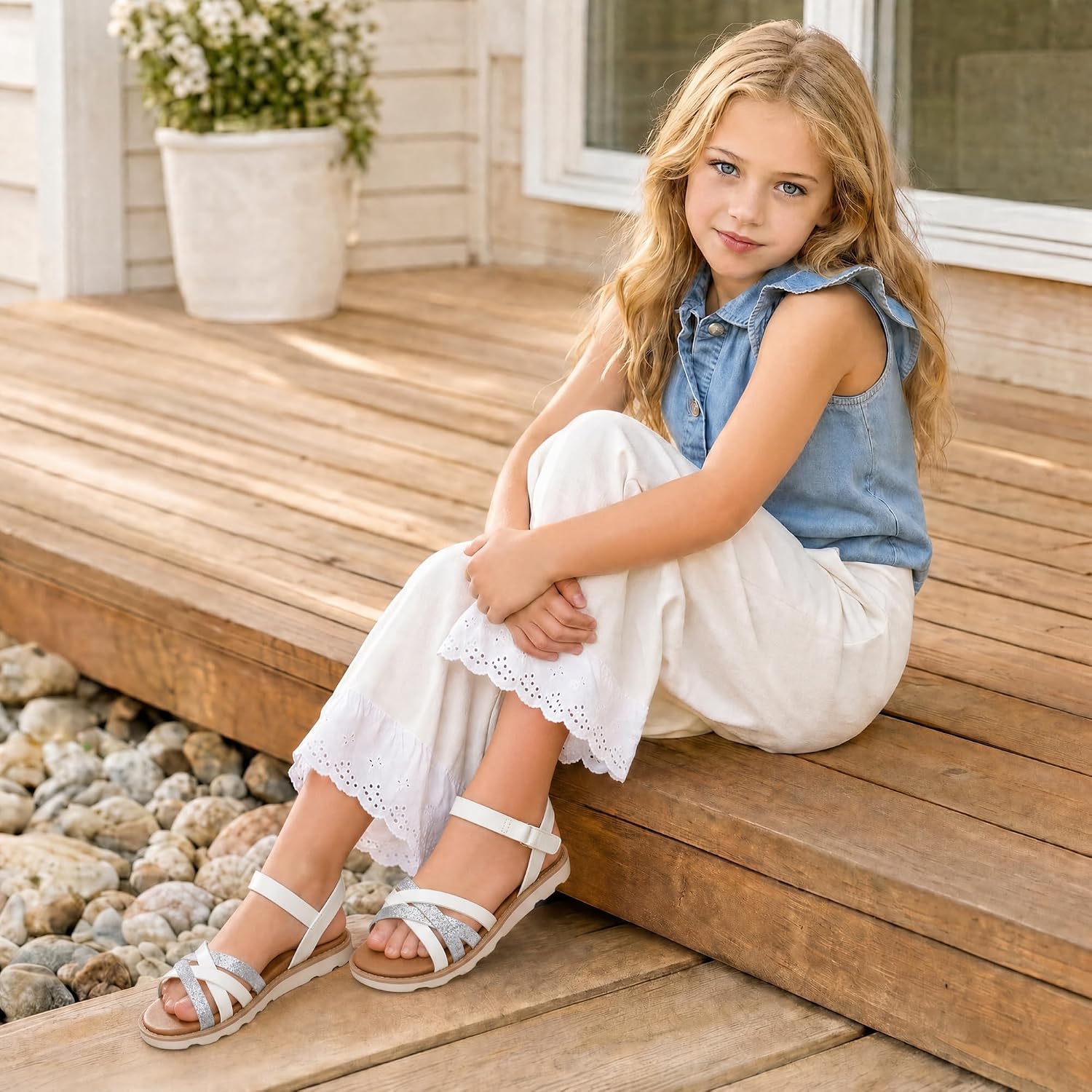 shoeslocker Girls Sandals Open Toe Summer Flat Dress Shoes with Adjustable Straps for Little/Big Kids