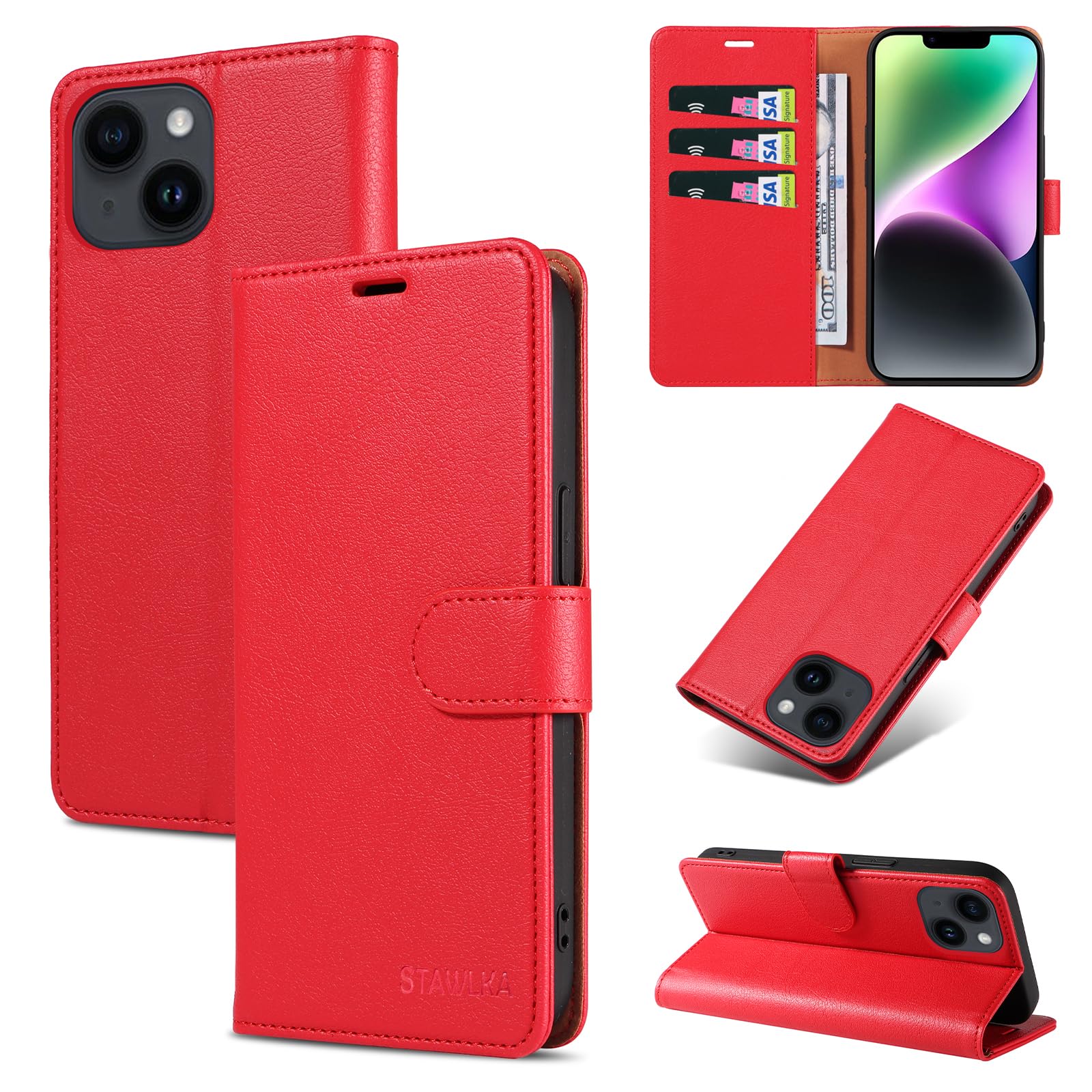 SHIELDON Wallet Case For IPhone 14 5G 2022, Genuine Leather Folio Case Magnetic Closure RFID Blocking Card Slots Kickstand Full Protection Cover Compatible With IPhone 14 (6.1 Inch) - Retro Red