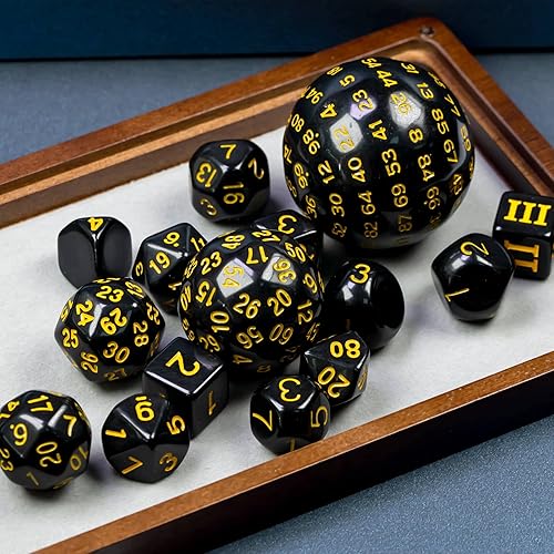 Miniatura 3 de Juego completo de 15 dados poliédricos DND D3-D100 con bolsa de dados de ojo de dragón, dados D100 para juegos de mesa RPG (negro con números