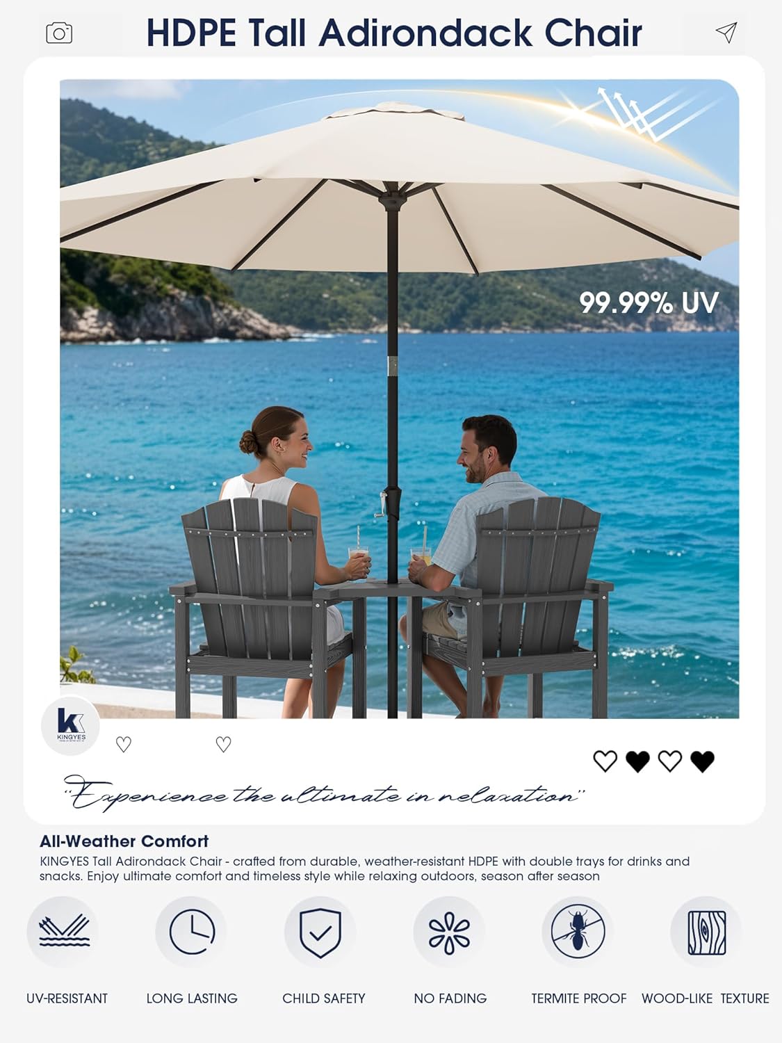 KINGYES Tall Adirondack Chair Set of 2, All-Weather HDPE Outdoor Adirondack Barstools with Removable Double Connecting Trays, High Airondack Chair with Wood Grain, Embossed Balcony Chair, Gray