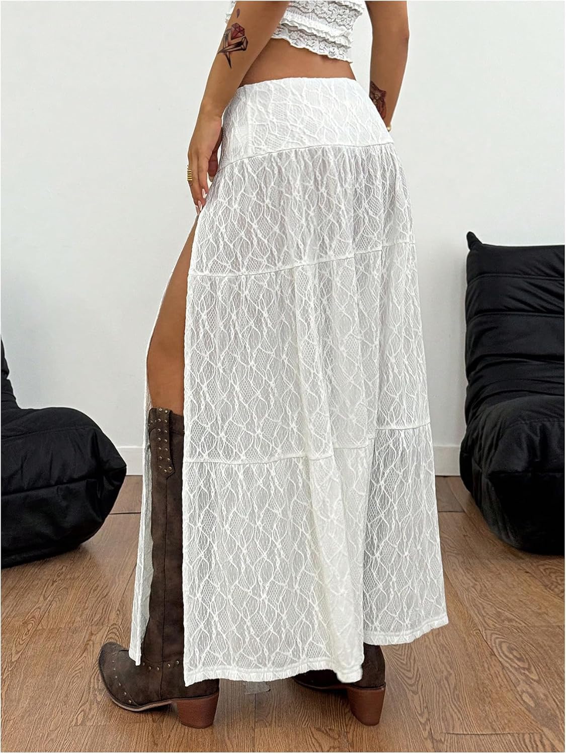 Women's Western Boho Lace Maxi Skirt Low Rise High Slit Flowy Country Cowgirl Skirts Trendy Outfits - Image 3