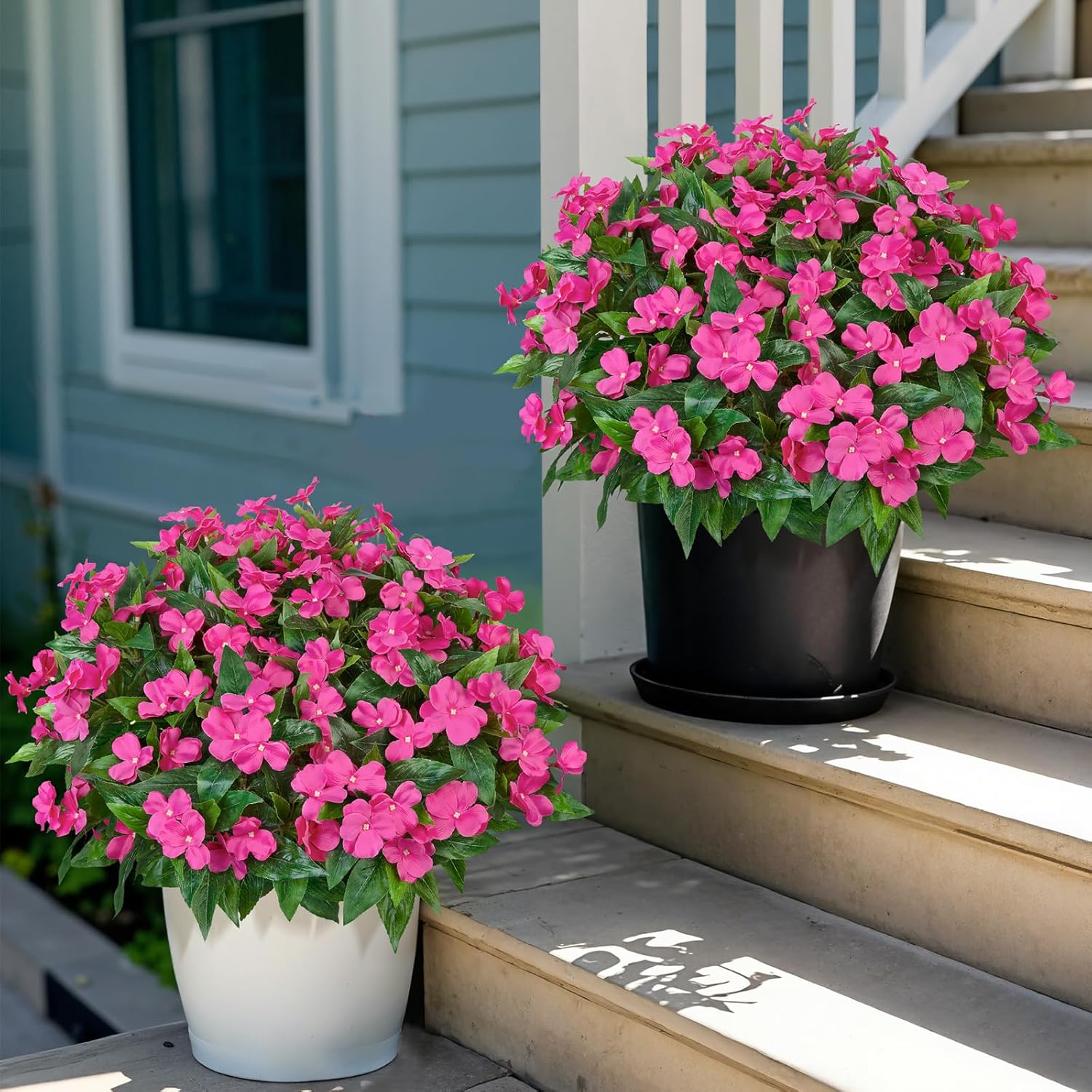 5 Pcs Artificial Flowers for Outdoors Silk Impatiens Flowers Bouquet Decorations Fake Faux Plants UV Resistant for Spring Summer Garden Patio Porch Window Box Balcony Planters Home, Fuchsia