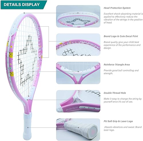 Miniatura 3 de Raqueta de tenis para niños pequeños, kit de iniciación de 17-25 pulgadas para niña, rosa y amarillo con bolsa de nailon 420D