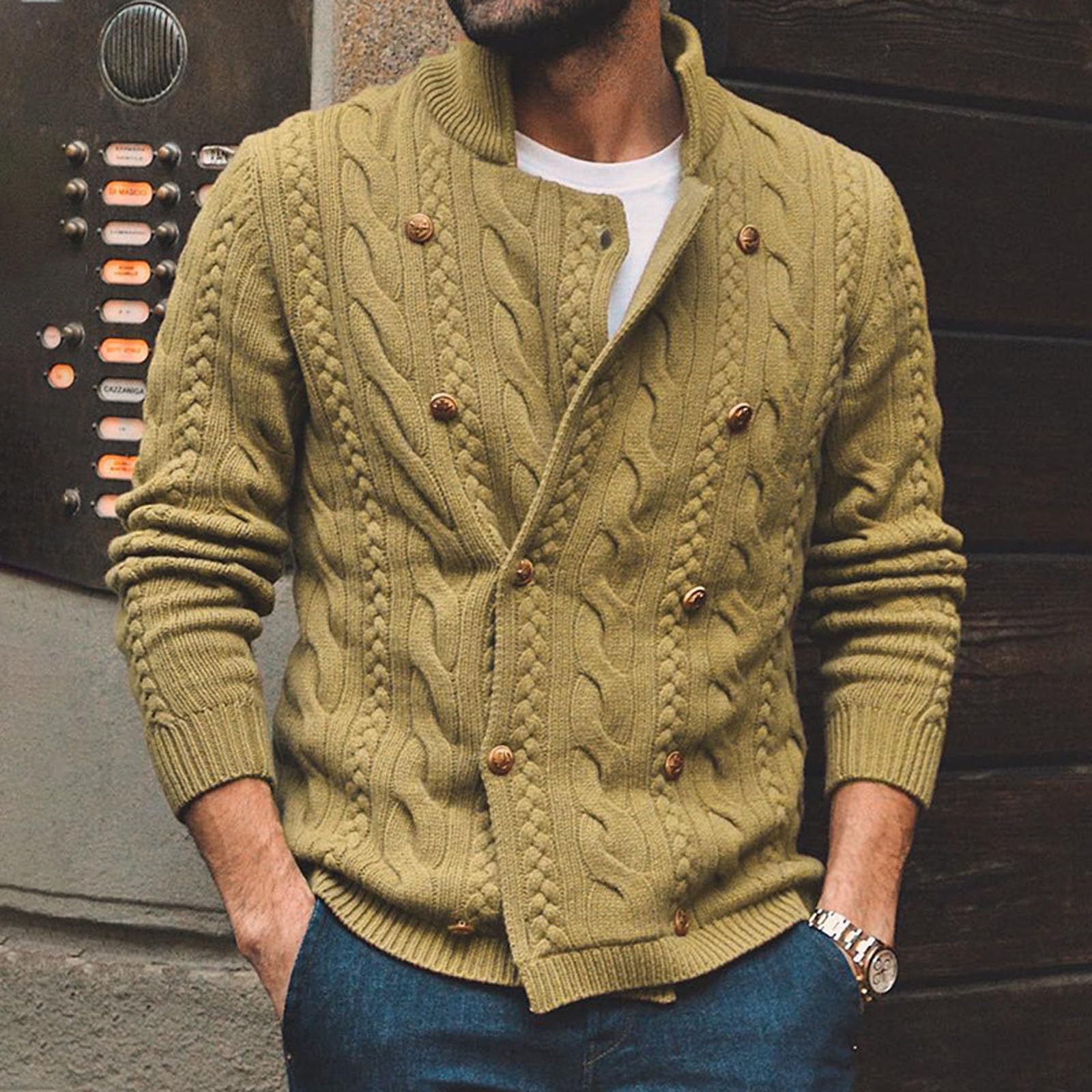 Cardigan Hombre Botones, Chaqueta De Punto Elegante Hombre Manga Larga con Un Solo Botonadura con Bolsillo Abrigo Color Sólido Informal con Botones Suéter Grande Suéter Otoño Invierno