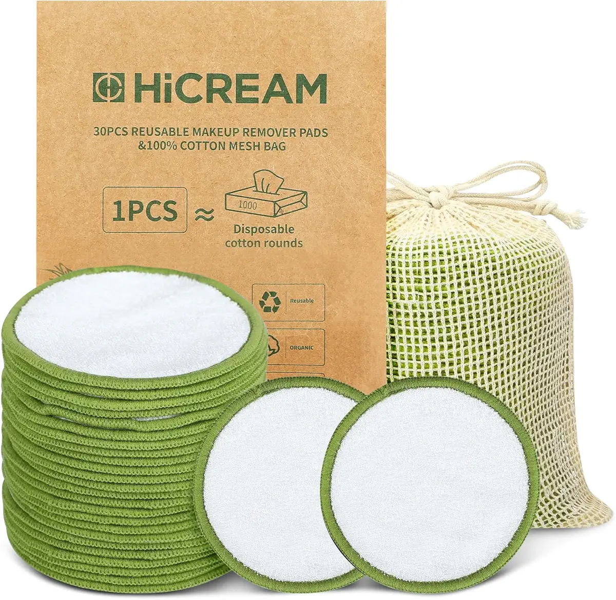 Eco-Friendly 30 Pack Reusable Makeup Remover Pads - Bamboo Organic Cotton Rounds, Gentle and Sustainable Alternative for Makeup Removal, Soft for All Skin Types with Cotton Laundry Bag