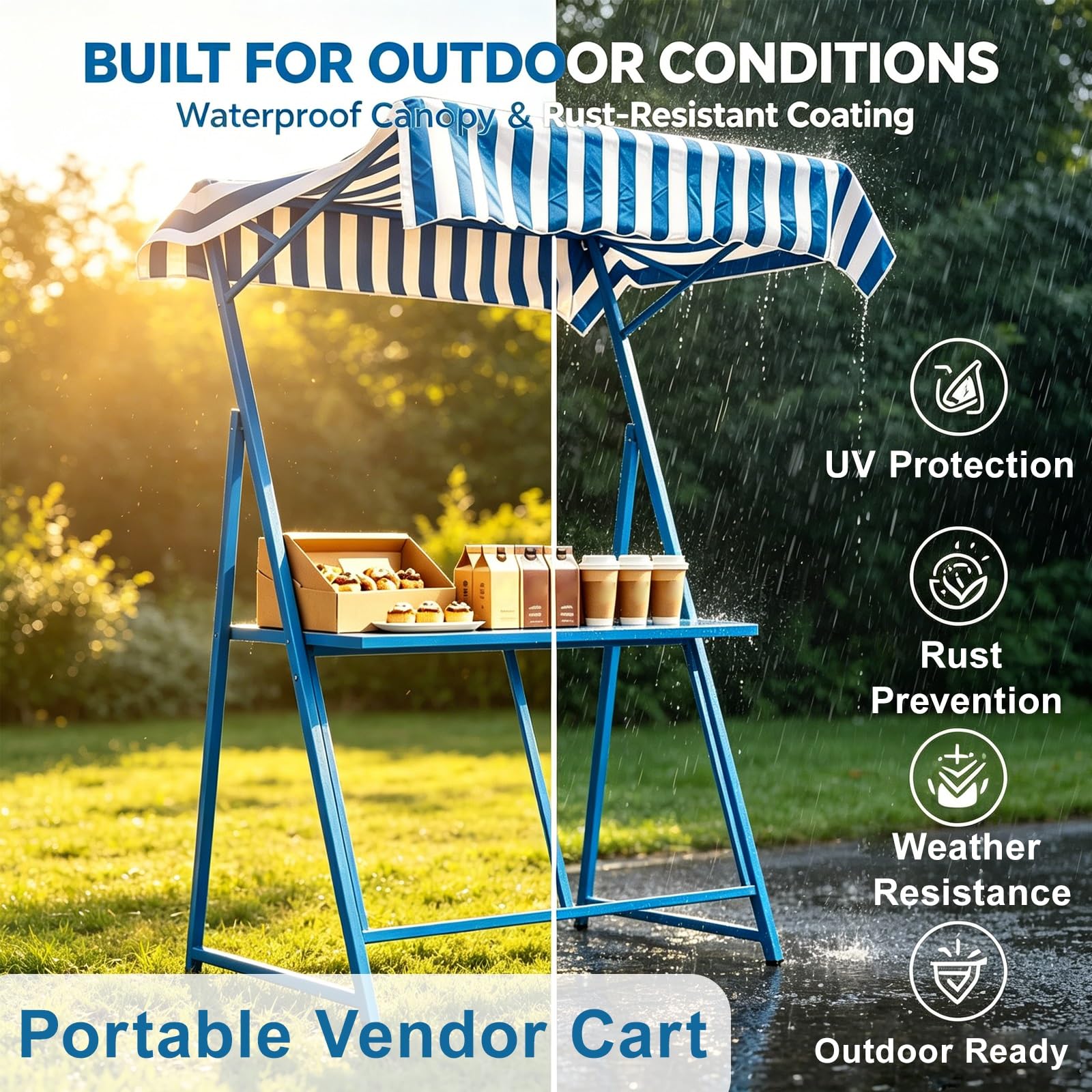 Carrello Venditore Portatile con Tenda e Sedia, Banco Commerciale per Mercato All'aperto, Chiosco Alimentare per Eventi e Barbecue(Red)