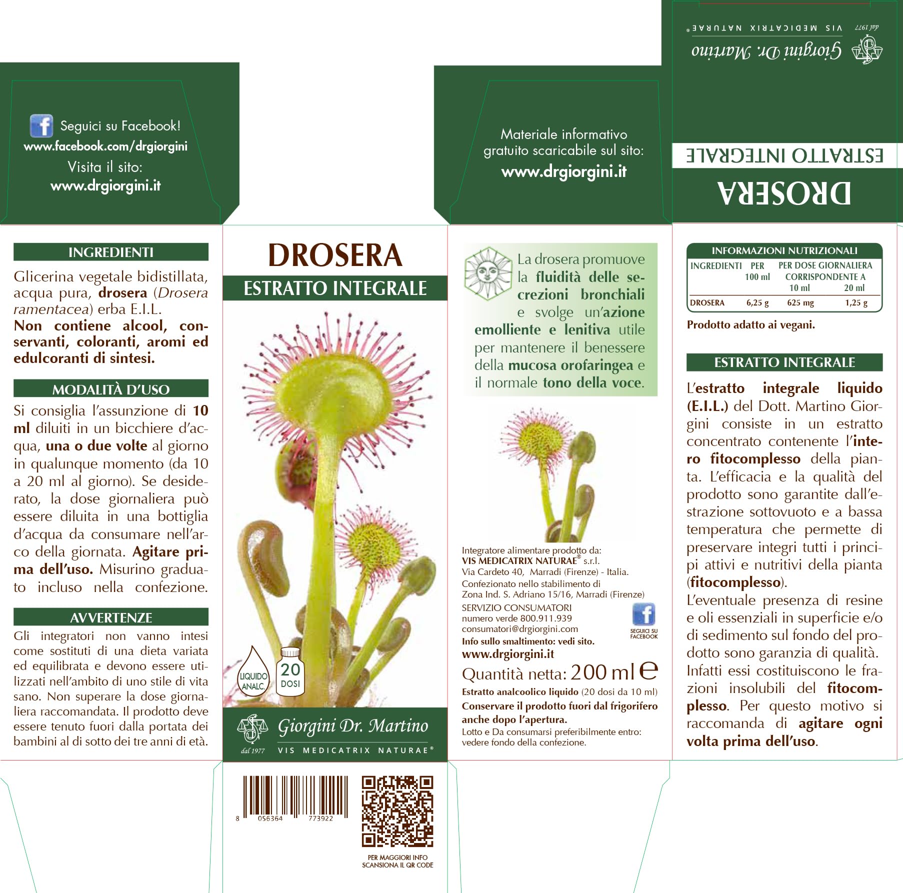 Dr. Giorgini Integratore Alimentare, Drosera Estratto Integrale Liquido Analcoolico - 200 ml