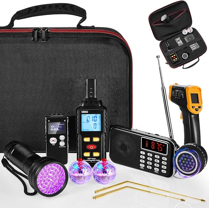 Dunzy 11 Pcs Ghost Hunting Equipment Kit Include Ghost Radio, Electromagnetic Paranormal Radiation Detector, Voice Recorder, UV Flashlight 2 LED Light up Cat Balls Etc(3 in 1 Emf Meter) Dunzy 11 Pcs Ghost Hunting Equipment Kit Include Ghost Radio, Electromagnetic Paranormal Radiation Detector, Voice Recorder, UV Flashlight 2 LED Light up Cat Balls Etc(3 in 1 Emf Meter)