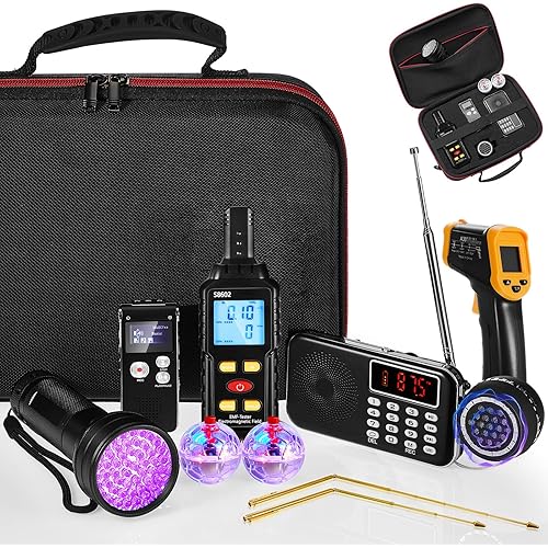Dunzy 11 Pcs Ghost Hunting Equipment Kit Include Ghost Radio, Electromagnetic Paranormal Radiation Detector, Voice Recorder, UV Flashlight 2 LED Light up Cat Balls Etc(3 in 1 Emf Meter)