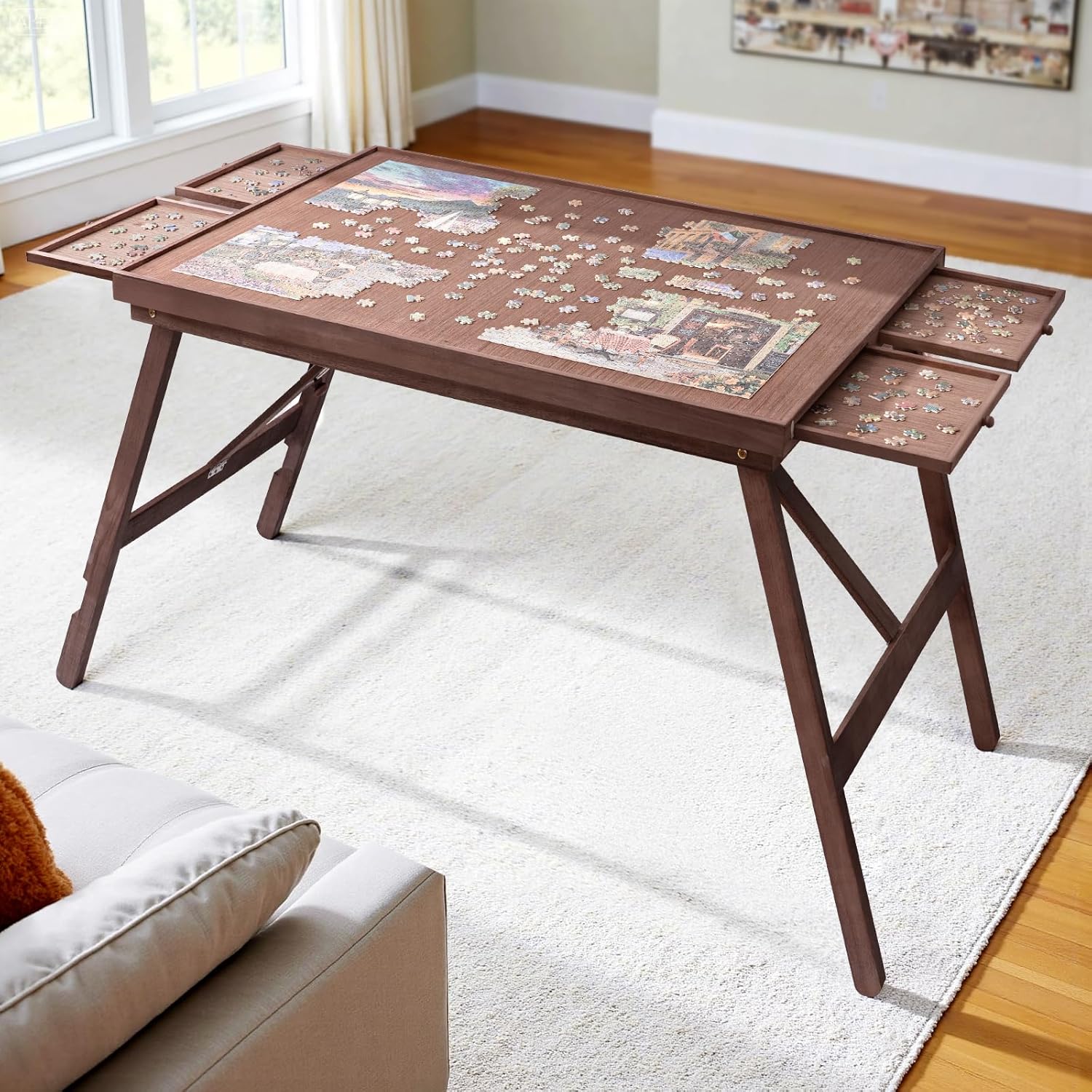 TEAKMAMA 27.6" H Tall 1500 Piece Puzzle Table with Legs, 4 Drawers, 34.3" W x 26.5" D Large Wood Folding Jigsaw Puzzle Board with Cover for Adults, Chocolate Brown Chocolate Brown 1500pc