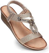 SHIBEVER Womens Wedge Sandals Flower Low Heel Dressy Sandals Elastic Ankle Strap Rhinestone Summer Comfortable Shoe