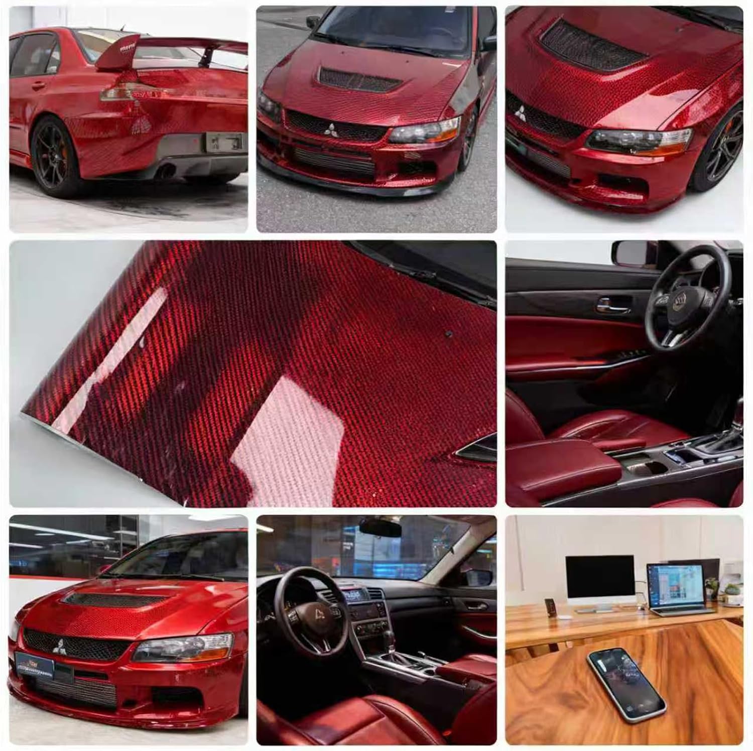 red Carbon Fiber Vinyl wrap, High Gloss Automotive Packaging Vinyl with air Release Function，Self Adhesive Vehicle Interior Exterior Stretchable Decal Sticker Film Sheet