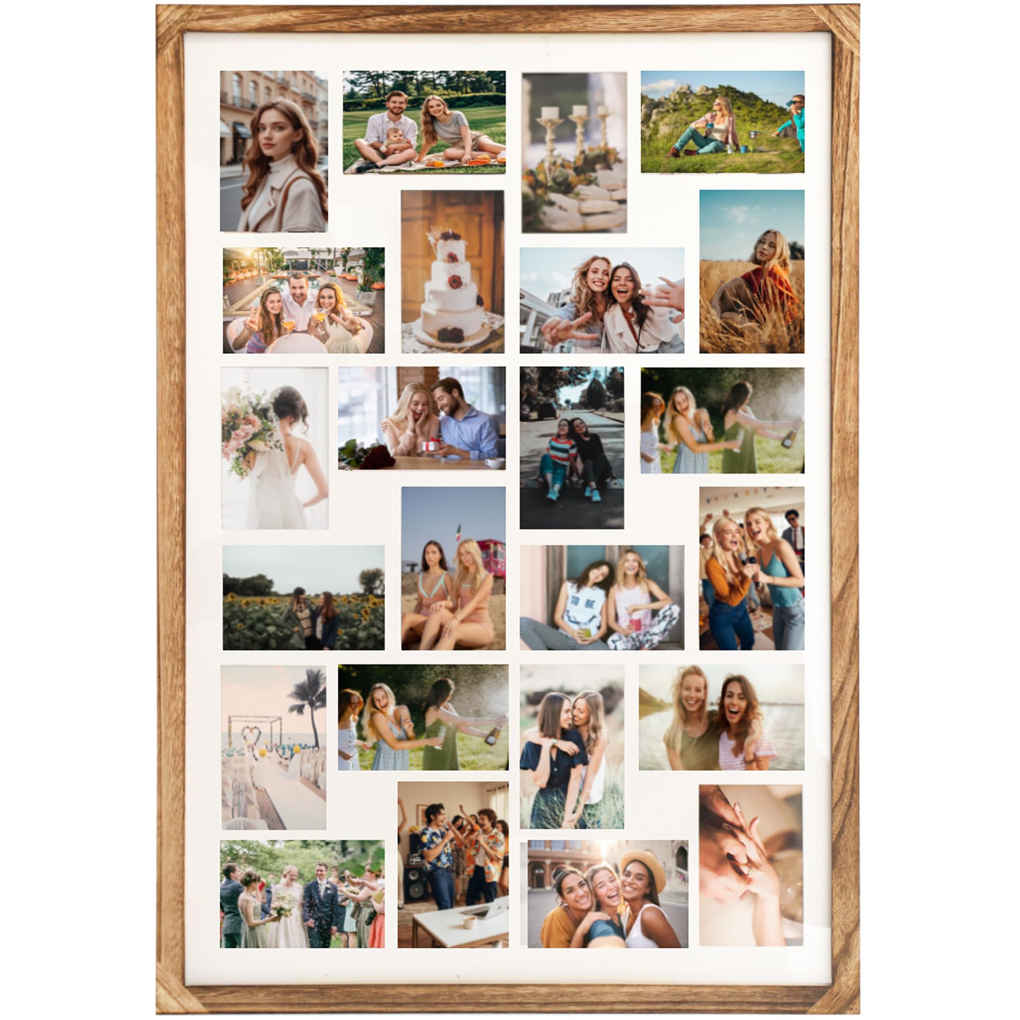 34.5x23.8 Inch Large Wooden Collage Picture Frame for Wall - 24 Opening 4x6 Multi Photo Frame with Mat, Wall Hanging Display (Carbonized Brown)