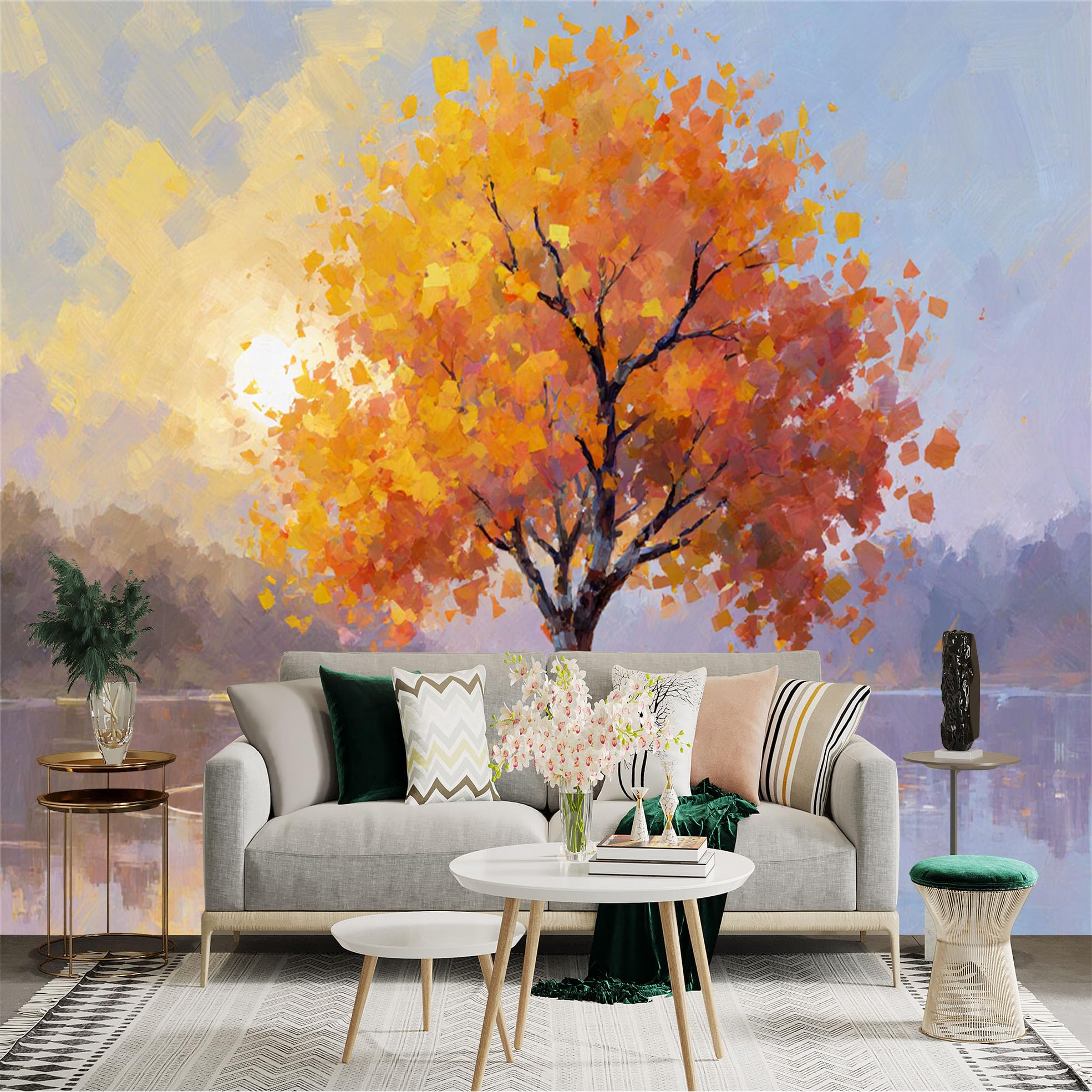 Lnzczhyre Xc260505292 Custom Size Wall Sticker Mural， Autumn Tree By The Lake， Oil Painting Style Landscape， Golden Foliage， Serene Nature Scene， For Wall Decoration， Peelandstick Wall Decals.