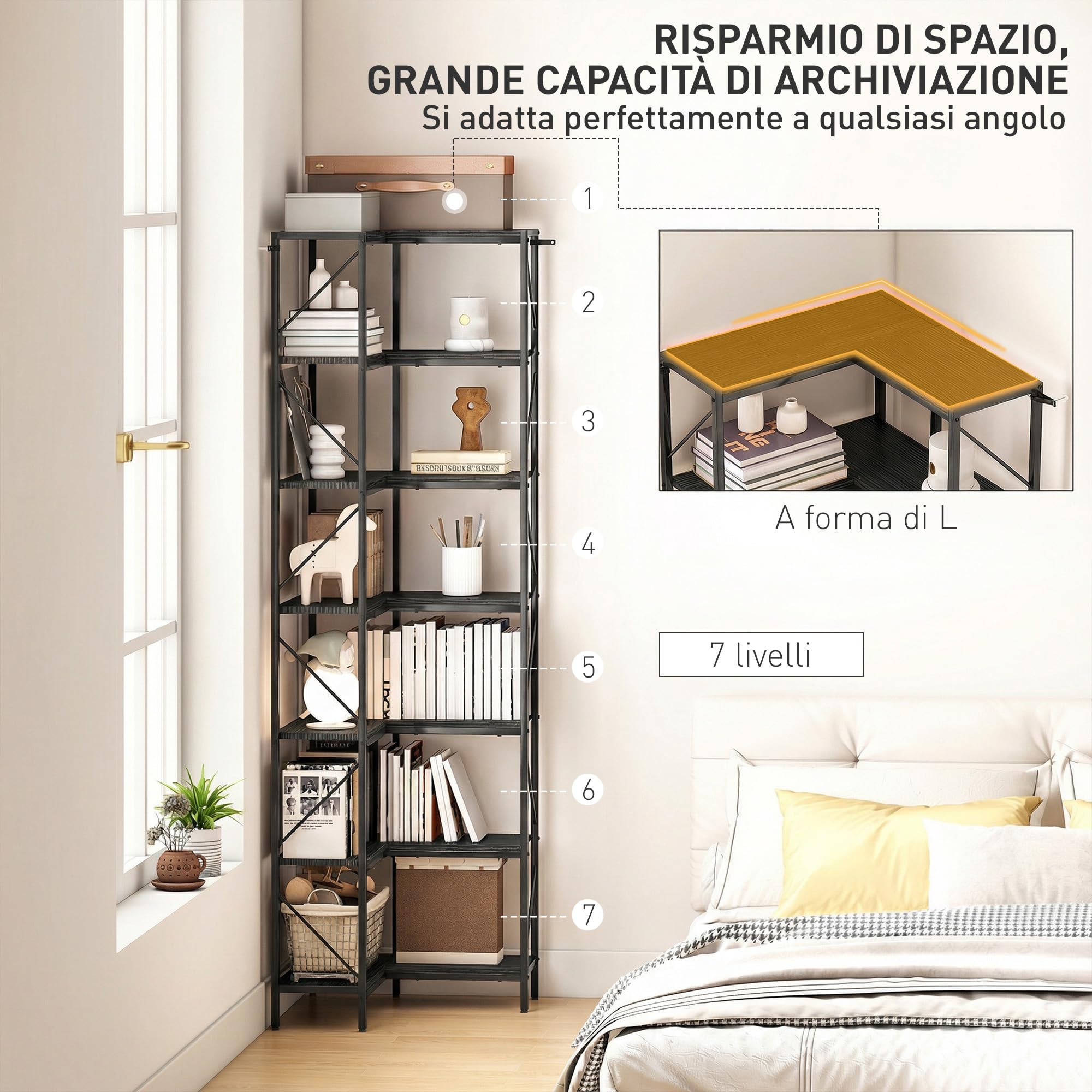 HOMCOM Libreria ad Angolo a 7 Ripiani 60x60x198 cm Nero | Libreria Angolare, Scaffale Salvaspazio Slim, Scaffale Portaoggetti Industriale, per Soggiorno, Camera da Letto, Ufficio