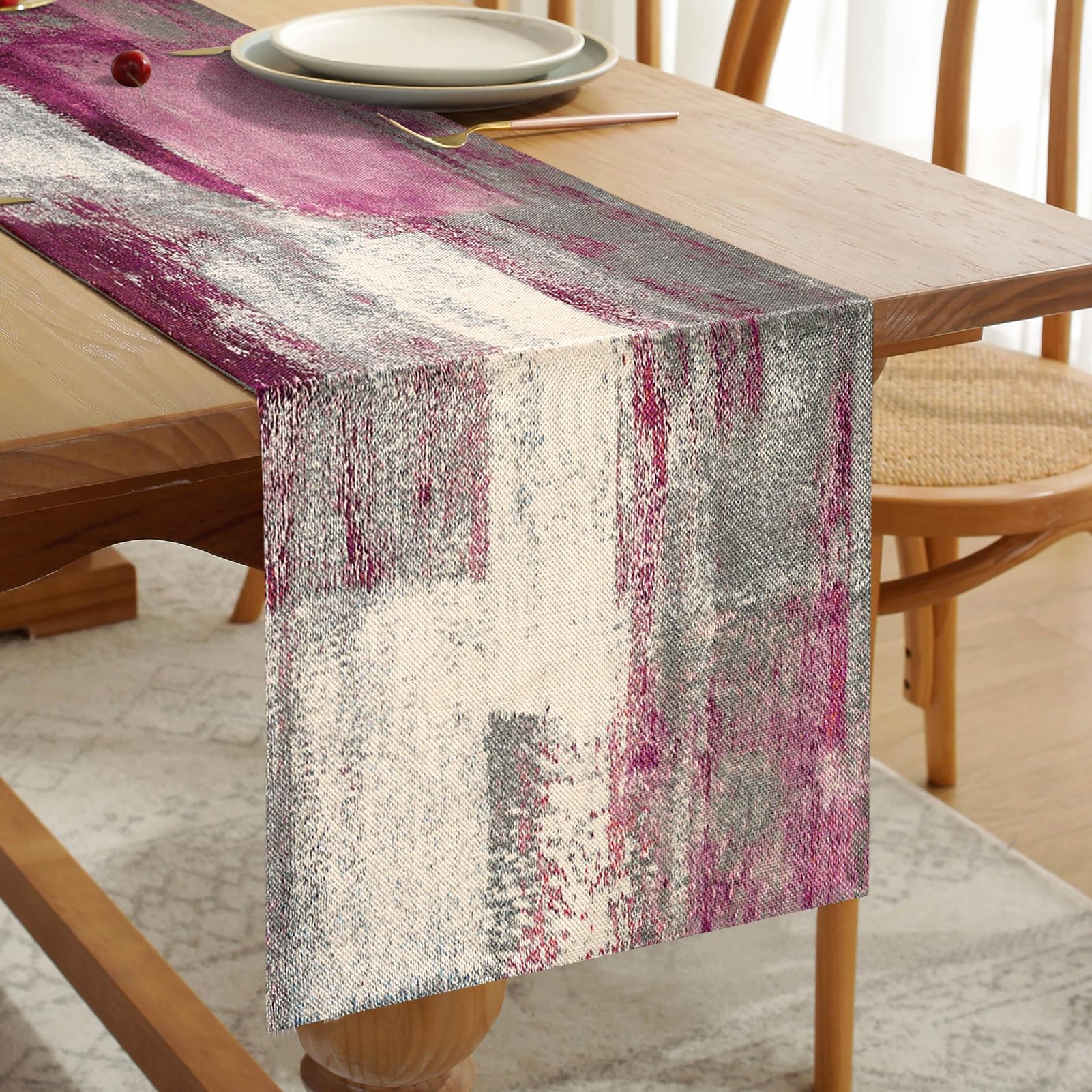 Coffee Table Runner Spring Linen Modern Purple and Grey Table Decorations Cotton Boho Decorative Cloth Rustic for Weddings Christmas Party Dinner Holidays Home Party Decor 33cm x 183cm