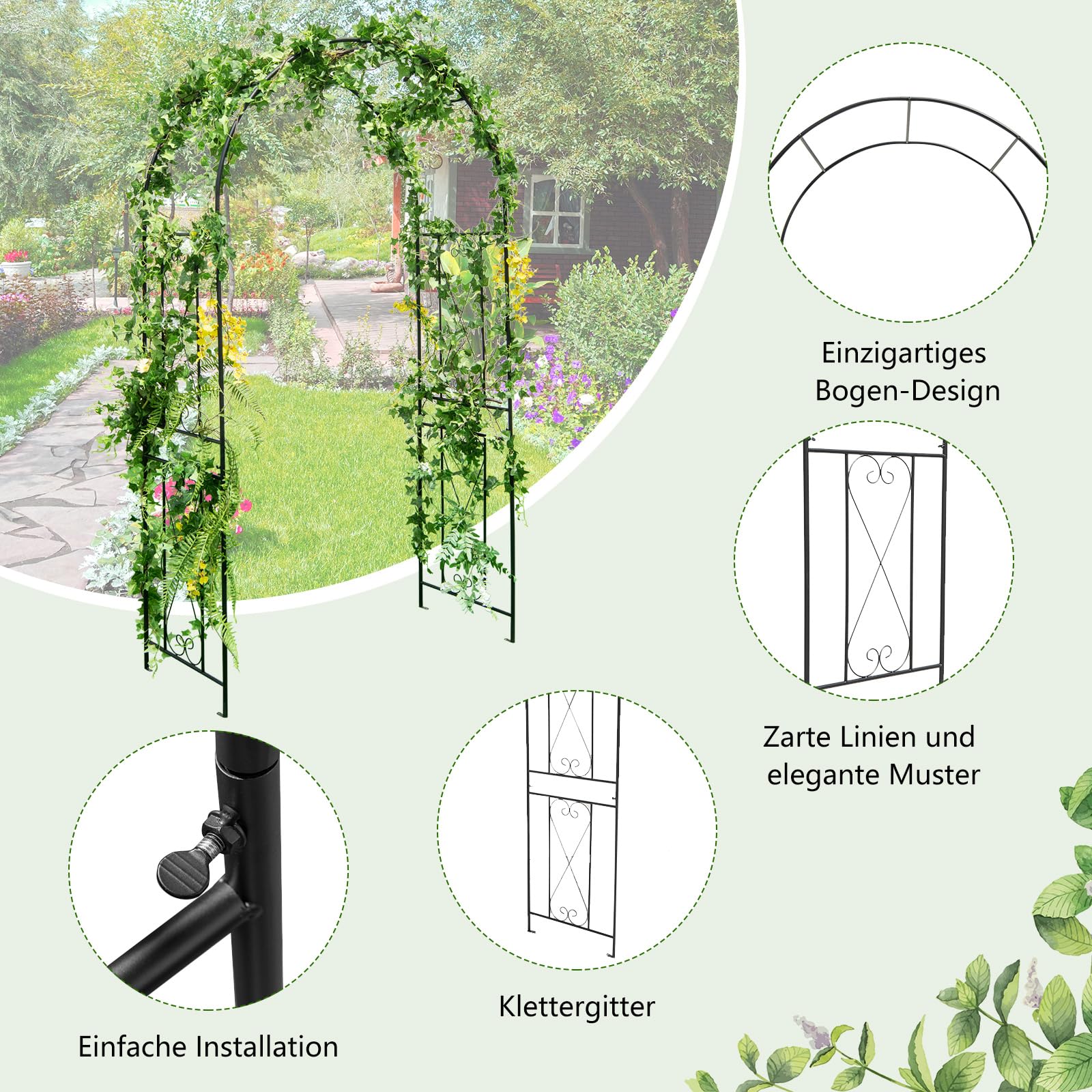 COSTWAY Rosenbogen Metall, Gartenbogen für Kletterpflanzen, Rosengitter mit 4 Bodenpfählen, Torbogen Rankhilfe Rankgitter, Rankbogen für Hinterhof Hochzeit Party, 120 x 56 x 220 cm, Schwarz