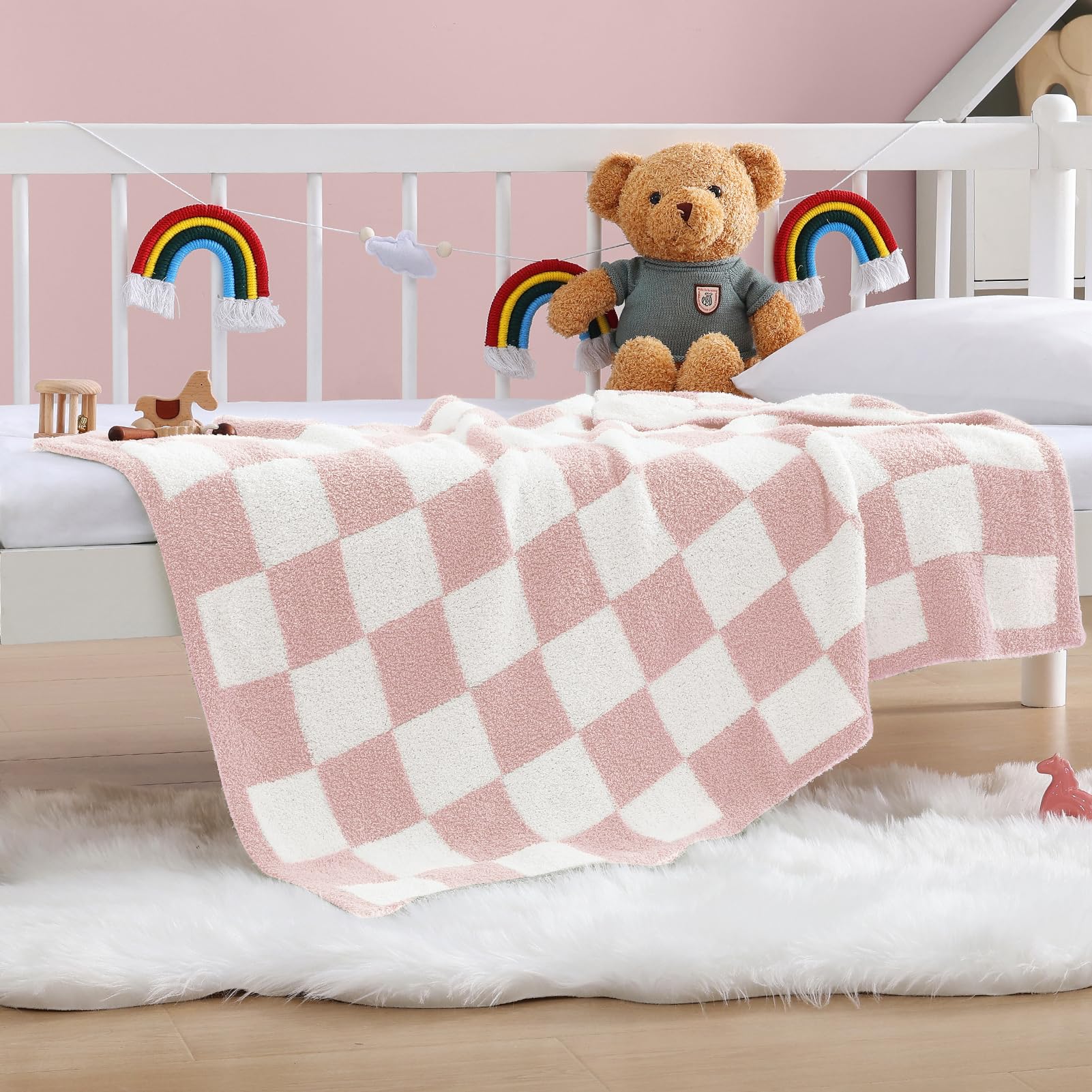 Photo 1 of WRENSONGE Checkered Throw Blanket, Pink Soft Cozy Fluffy Warm Hand Made Throw Blankets for Couch, Sofa, Chair, Bed, Camping, Picnic, Travel Lightweight Bed Blanket - 30"*40"