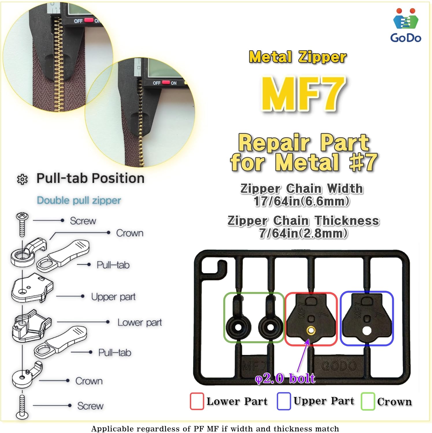 GODO Metal Zipper Slider Repair Replacement Kits - ZipperSize 5 7 8 Single or Double Sided Slider Available