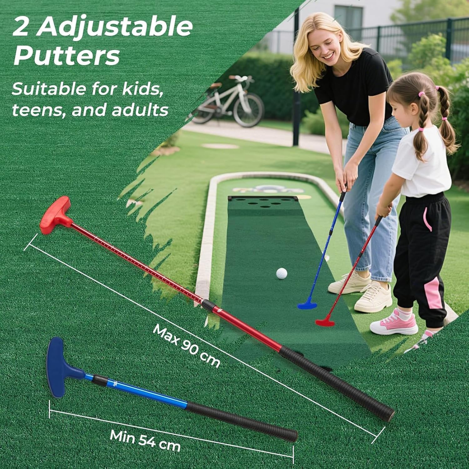 Juego de golf Pong, tapete verde portátil con 2 putters, 6 bolas y 12 fundas de agujeros, bolsa de transporte, para práctica en casa, fiesta en el patio trasero