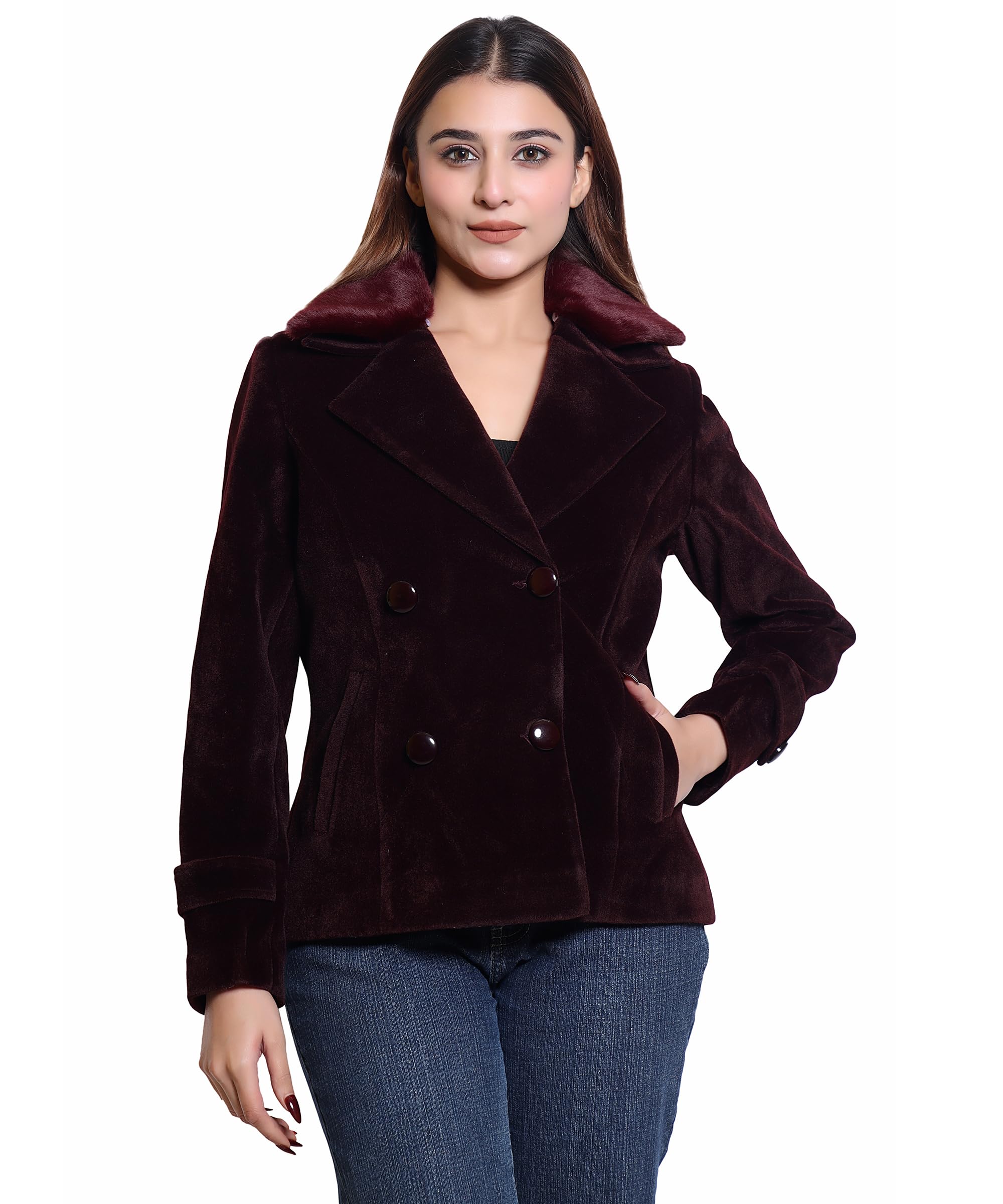 Women Standard Length Wool Blend Double Breasted Short Coat with Detachable Fur Collar-image-13