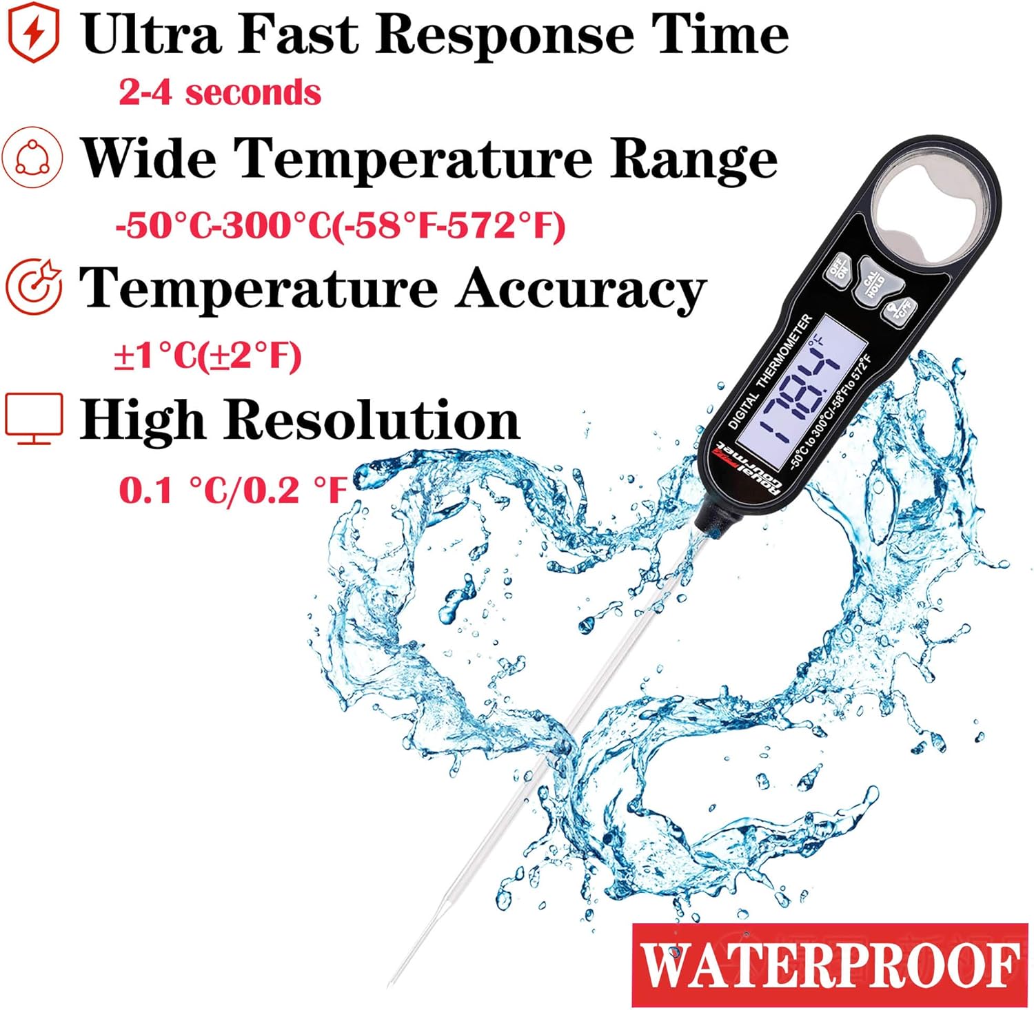 review Royal Gourmet TW1001 Digital Meat Food Thermometer, Ultra Fast, Waterproof Digital Kitchen Cooking, Long Probe, BBQ Utensil for Indoor and Outdoor Grilling, Black