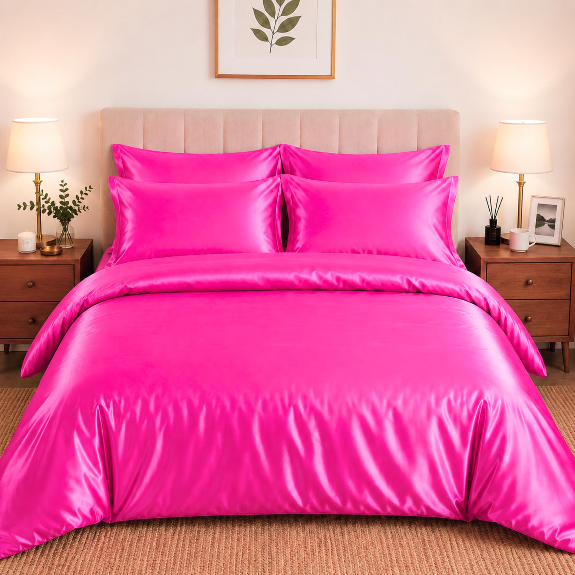 CHARKHAH Satin Silk 6 Piece Complete Bedding Set Durable Silky Fabric with Single Double King Size Bed Fitted Sheet Duvet Cover Comforter and 4 Pillow Cases (Double, Fuchsia-Pink) โ image 1