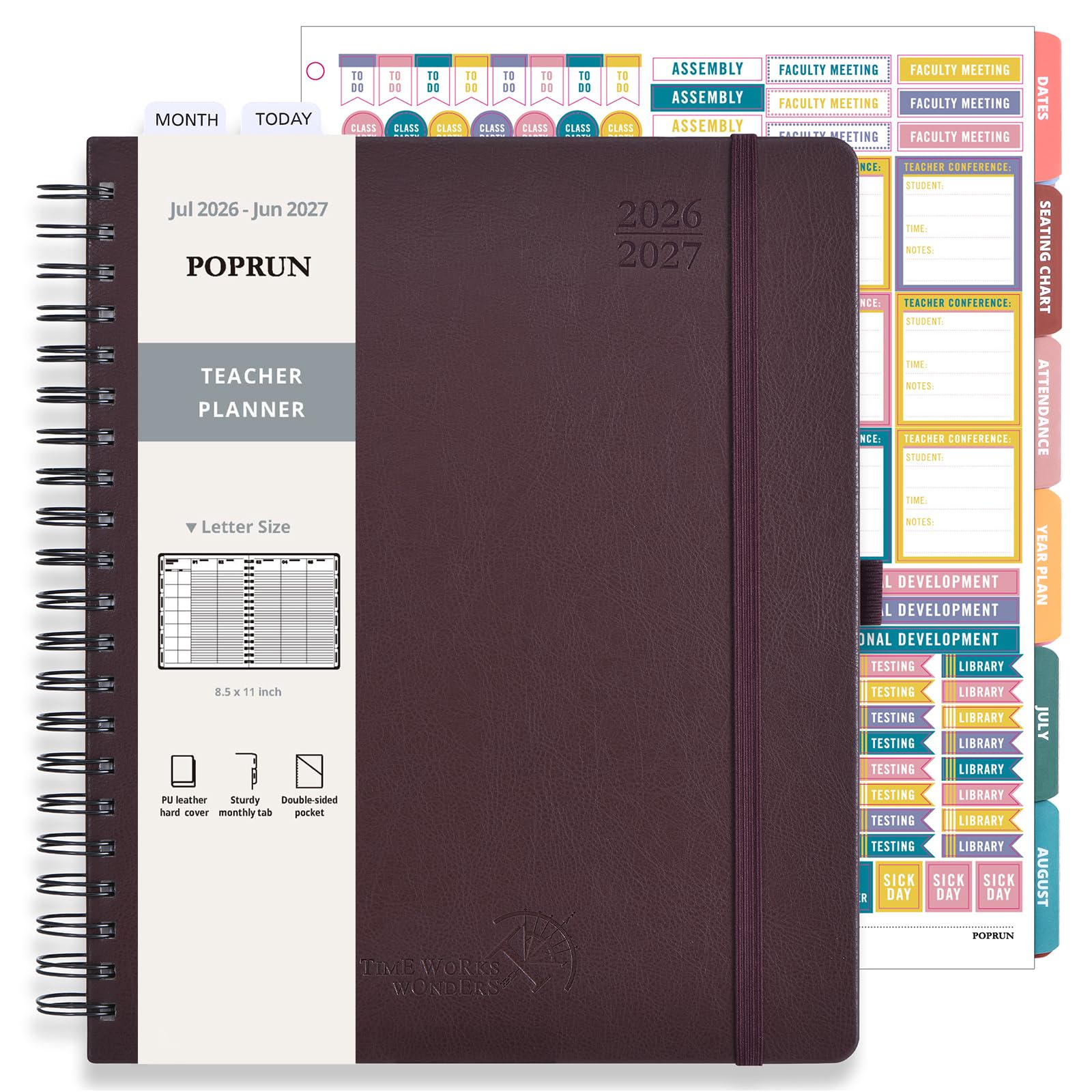 POPRUN Planner per lezioni per insegnanti 2026-2027 (formato lettera: 21,9 x 27,9 cm), planner accademico da luglio 2026 a giugno 2027, con quaderno dei voti e linguette mensili a colori, carta spessa