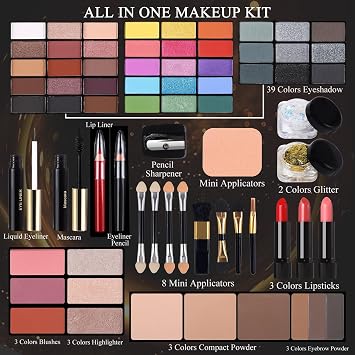 Professional Makeup Kit for Women Girl Full Kit with Mirror 60 Colors All in One Make up Gift Set Included Eyeshadow,Blusher,Highlighter,Compact Powder,Brow Powder,Lipstick,Glitter,Eyeliner,Mascara 02