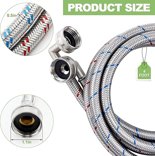 Miniatura 2 de 4ft Stainless Steel Washing Machine Hose with 90 Degree Elbows 2 Packs Braided Premium Washer Hoses Supply Lines-Washer Hoses 4ft Hot and Cold