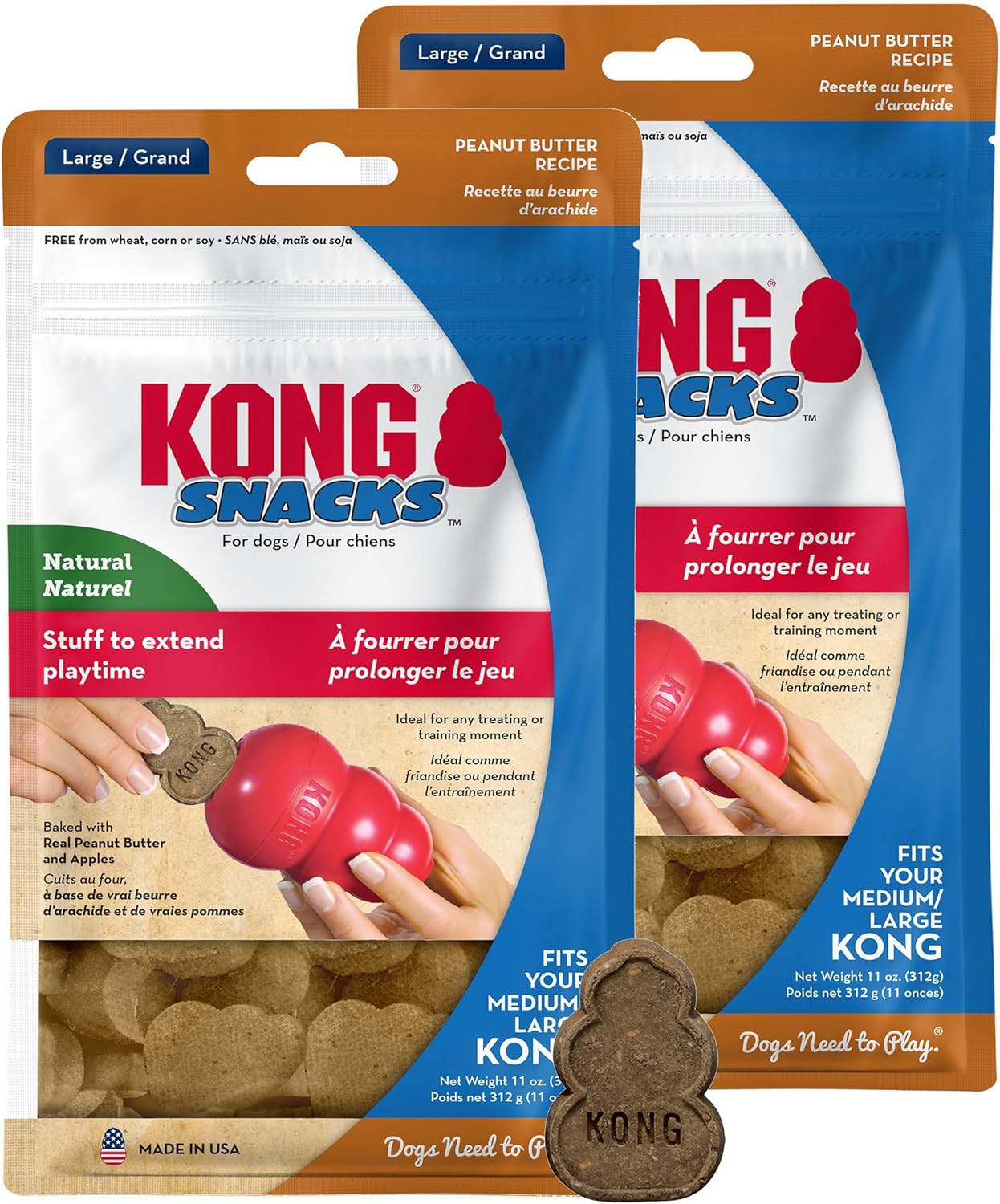 KONG Snacks Dog Treats – 2-Pack (Large, Peanut Butter) | All-Natural, Made in USA, Fits Classic Toys, No Wheat, Corn or Soy