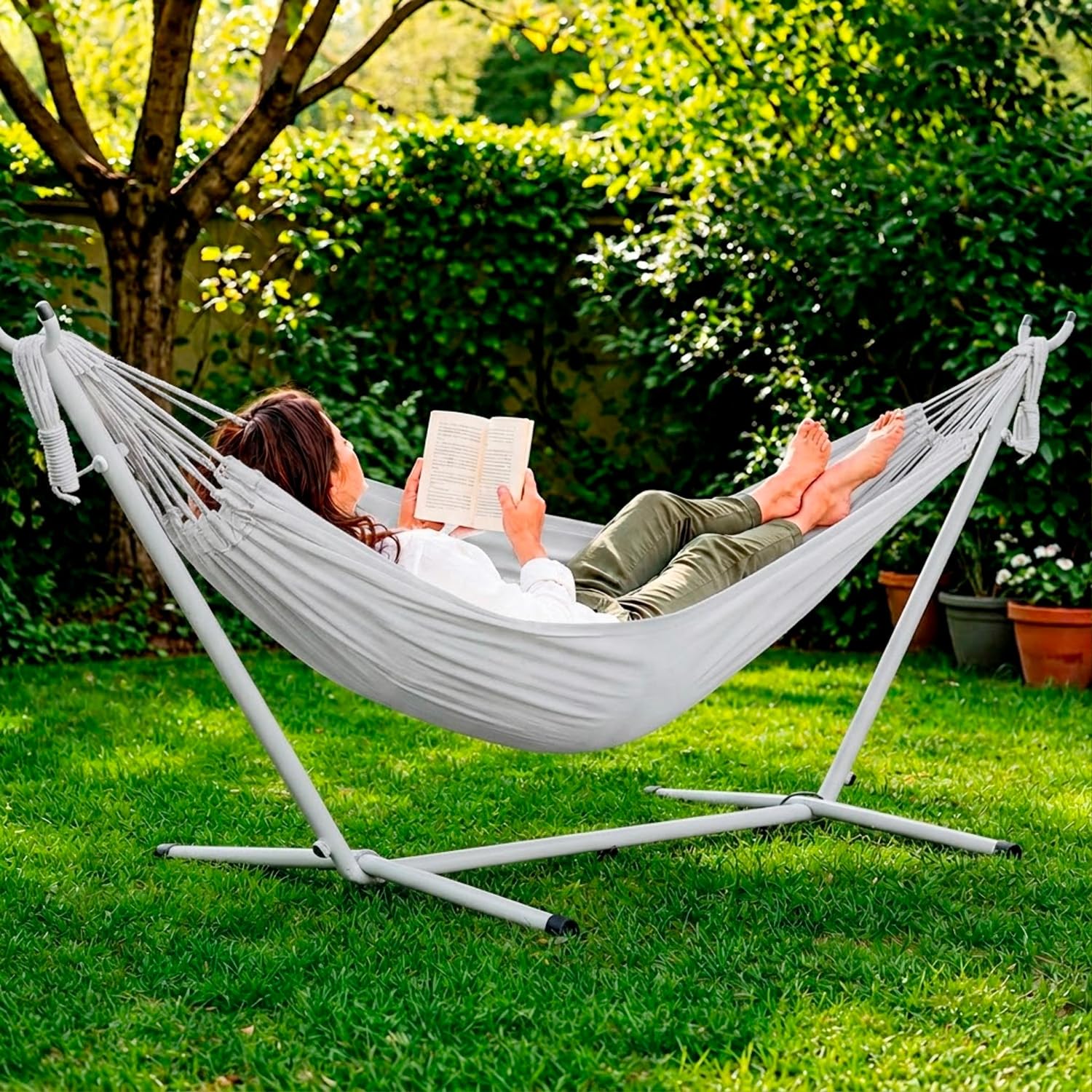 Amaca Da Giardino Con Supporto In Acciaio Portata 200 Kg Altezza Regolabile Telo Cotone Esterno Terrazzo Piscina Balcone Con Borsa Struttura Grigia 265 x 110 x 100 Cm Grigio