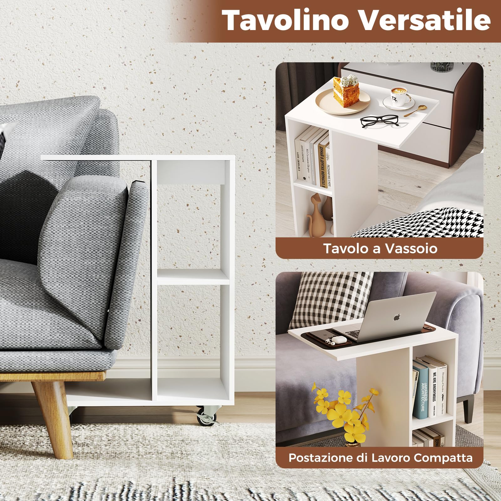 COSTWAY Tavolino a Forma di C con Ruote, Tavolino Laterale da Divano Salvaspazio con 2 Cubi di Stocaggio, Ideale per Camera da Letto, Soggiorno e Salotto, 45 x 35 x 64,5 cm, Bianco