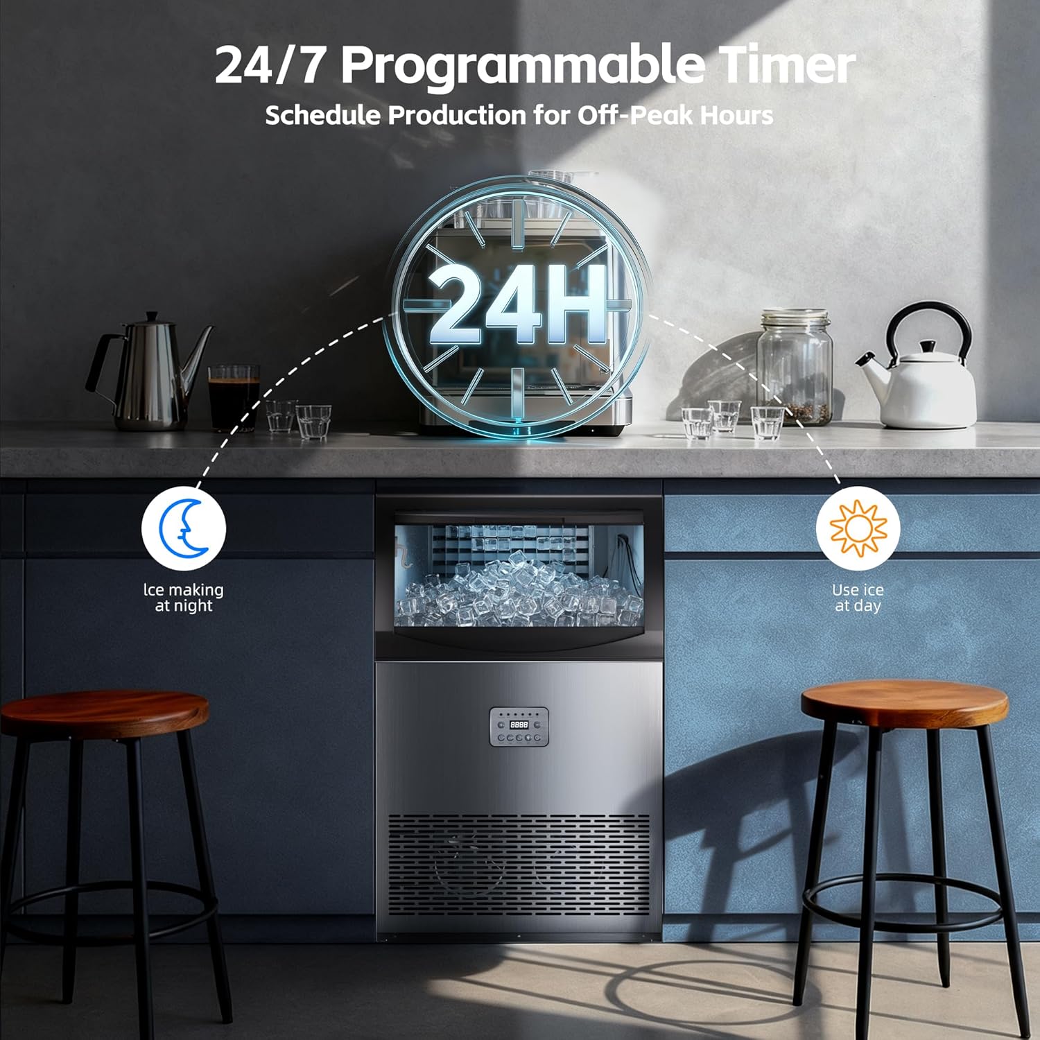 Commercial Ice Maker Machine 110lbs/24H, 33lbs Storage Ice Maker for Business, 50 Cubes in 7-14Mins, Stainless Steel Ice Maker for Cafe Bar Restaurant Beverage Shops, Under Counter Ice Machine 110lbs/24H 1